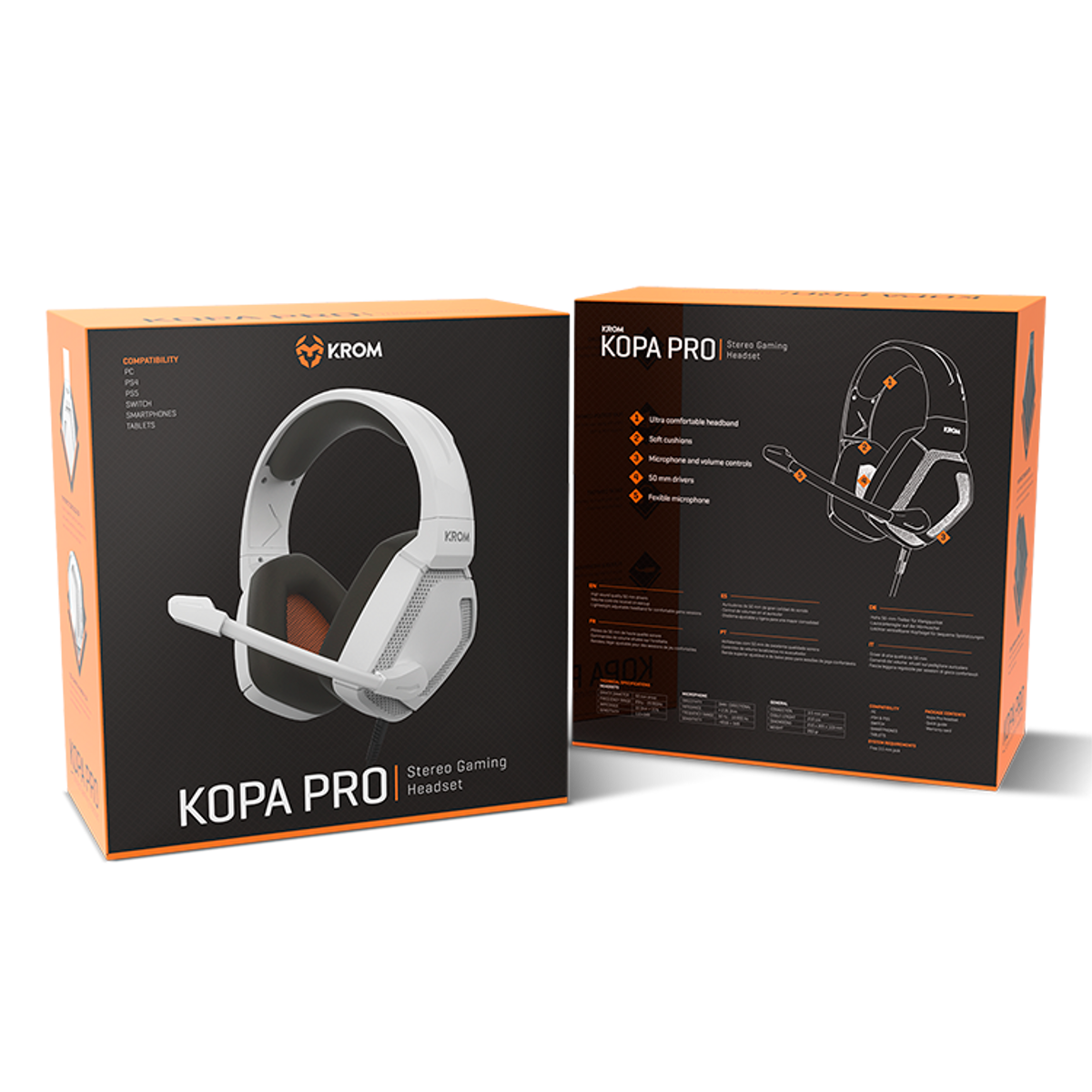 Czarno-białe pudełko słuchawek dla graczy ze zdjęciami i tekstem. Widoczne logo KROM.