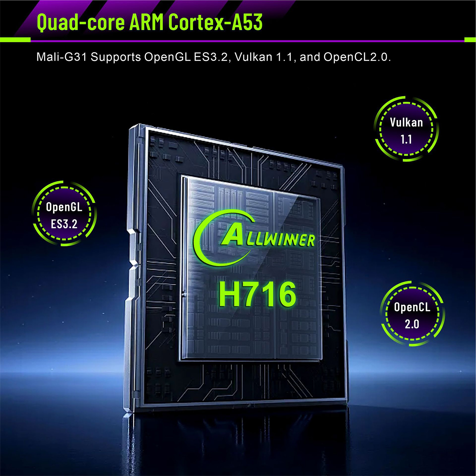 Bild einer schwarzen Leiterplatte mit dem Text: Quad-Core ARM Cortex-A53. Grafiken: OpenGL, Vulkan, OpenCL.