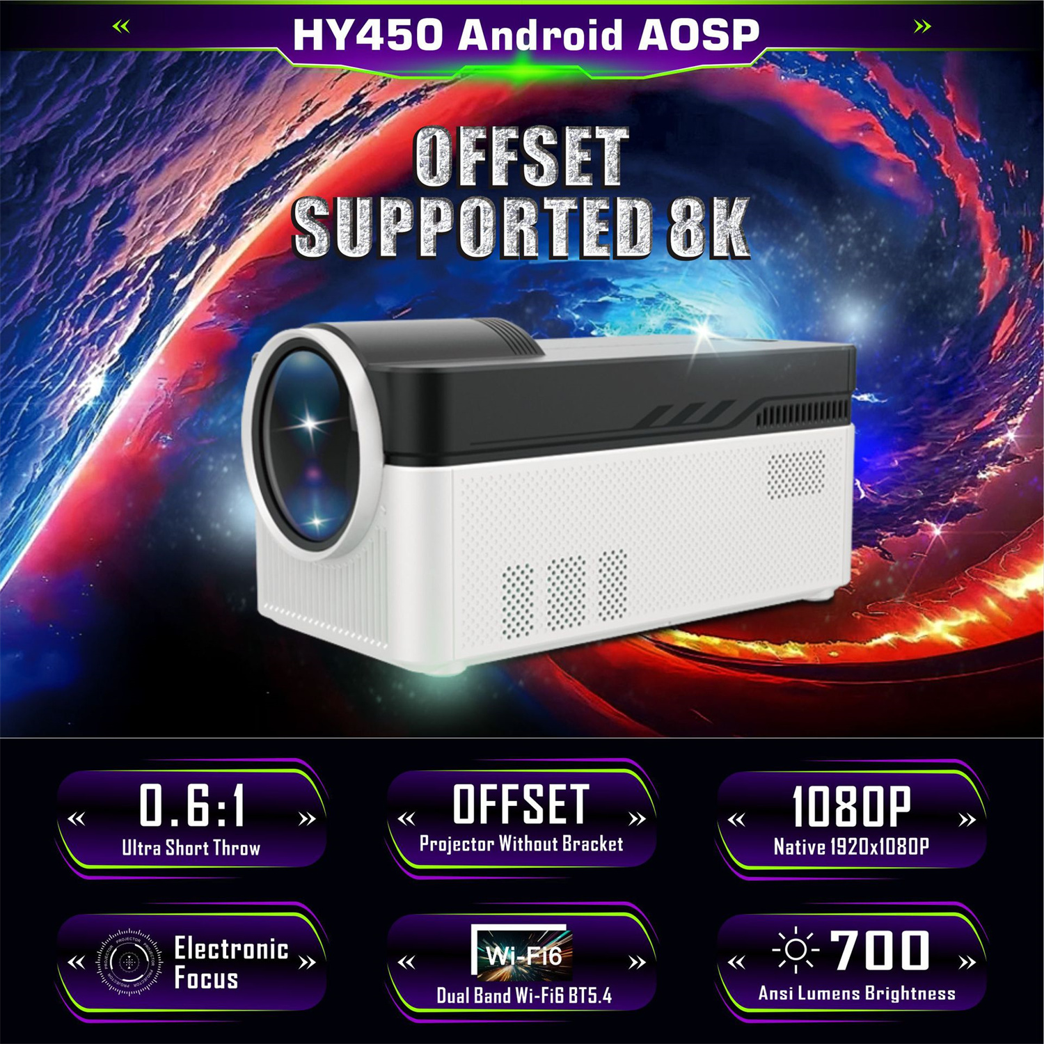 Ein weißer und schwarzer Projektor mit verschiedenen Tech-Labels und einem bunten, galaxieartigen Hintergrund mit Text: 'HY450 Android AOSP, Offset Supported 8K'.