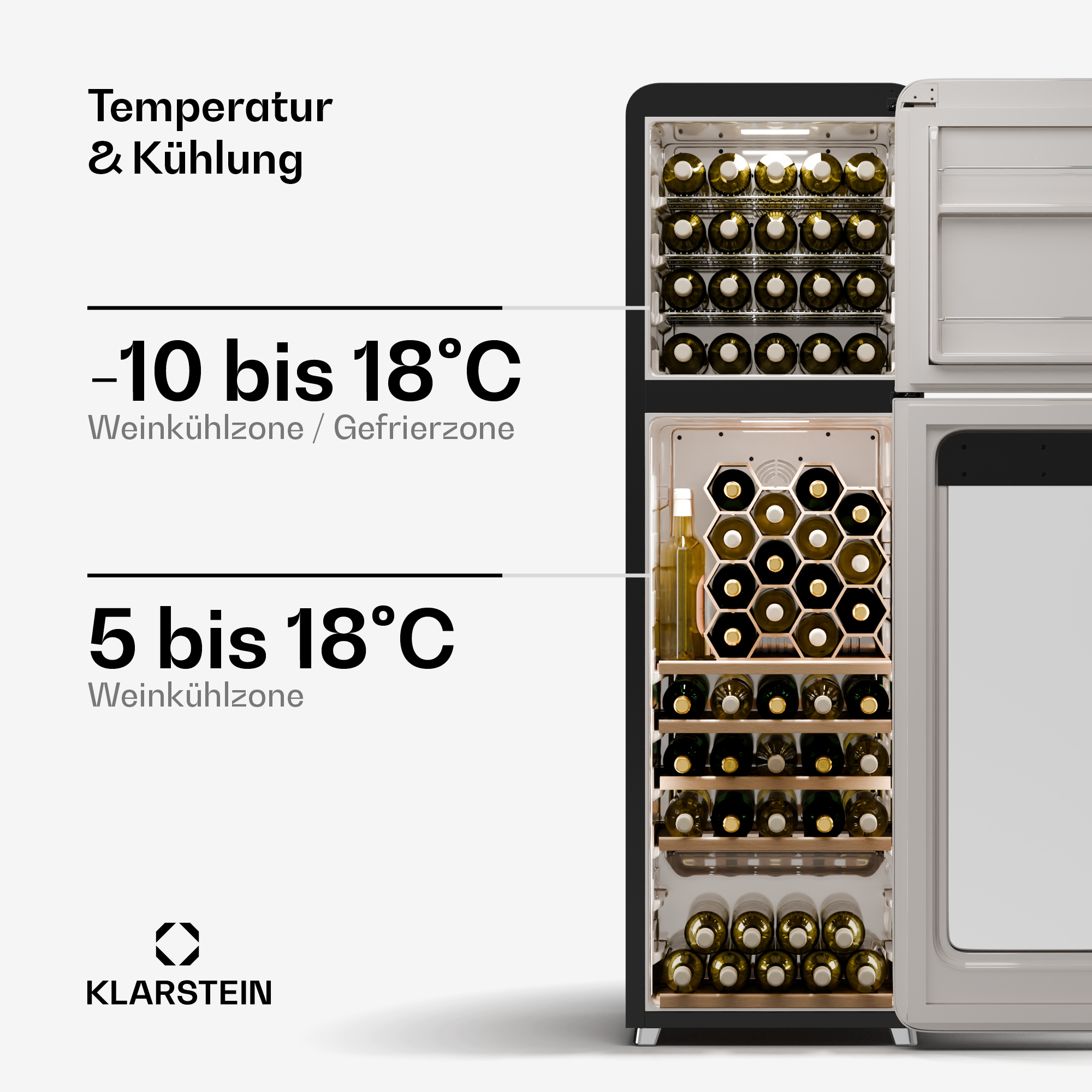 Un frigorifero nero con bottiglie di vino all'interno, display della temperatura e logo Klarstein.