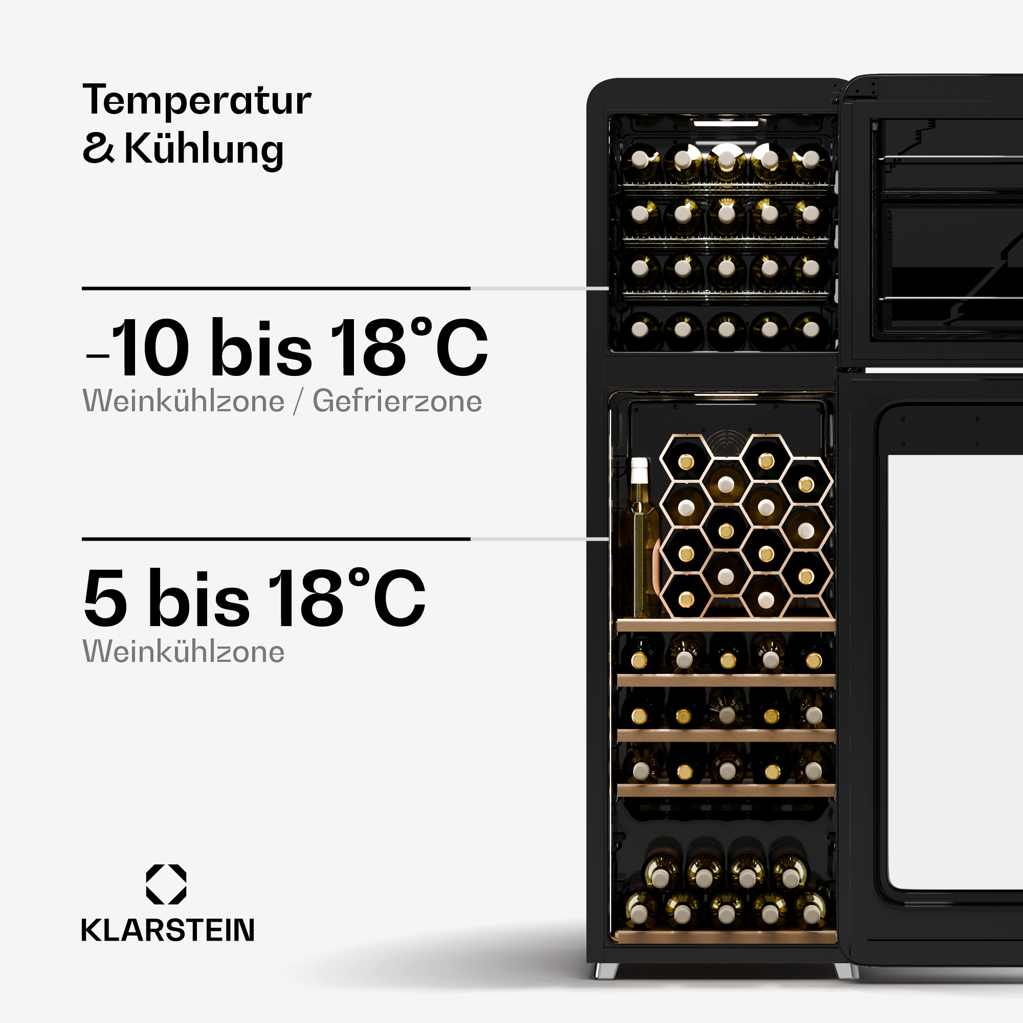 Cantinetta nera con ripiani impilati. Temperature indicate. Logo Klarstein.