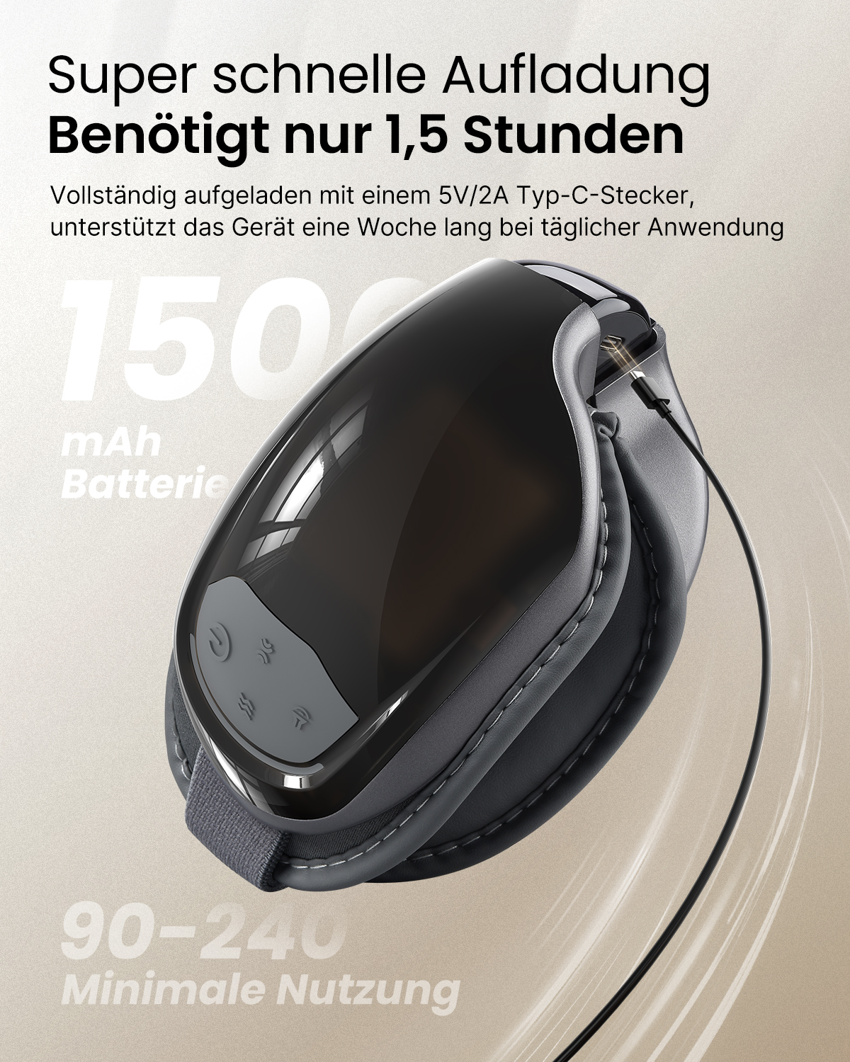 Augenmassagegerät, schwarz und grau, mit Text über schnelles Laden und Akkukapazität. Ein Kabel ist eingesteckt.