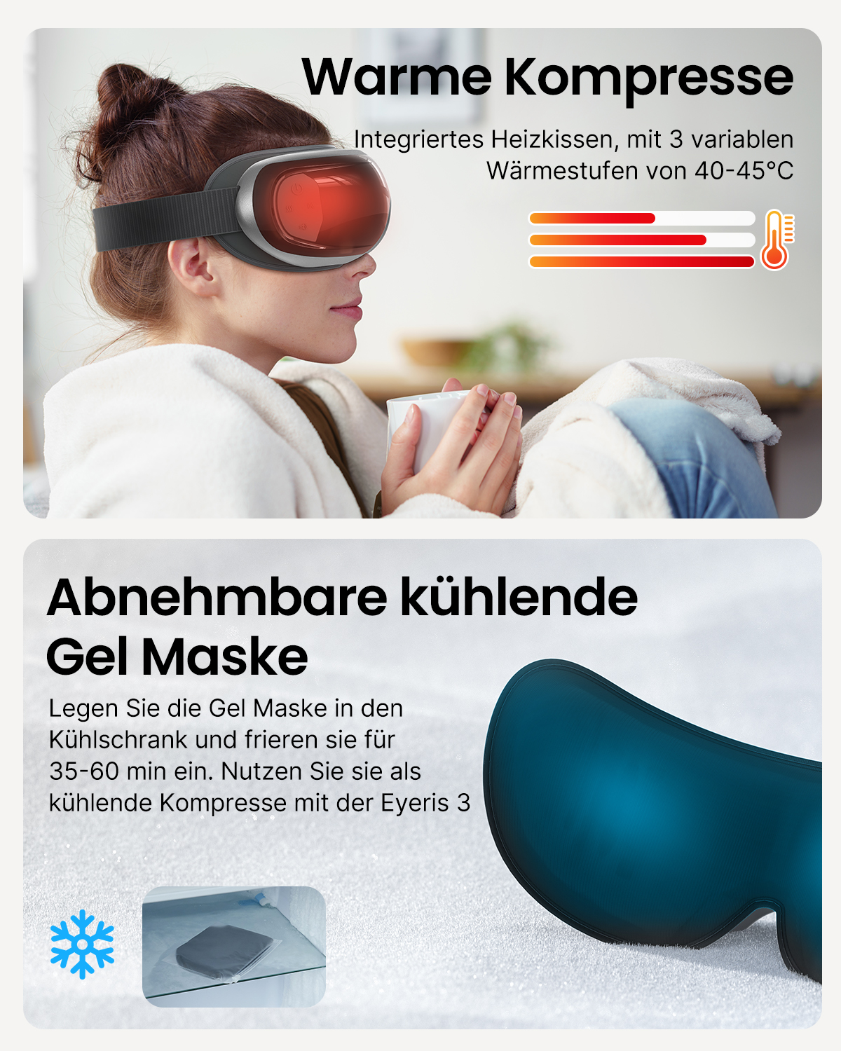 Frau mit Augenmaske, mit Produktbildern der Maske und ihrer Eigenschaften.
