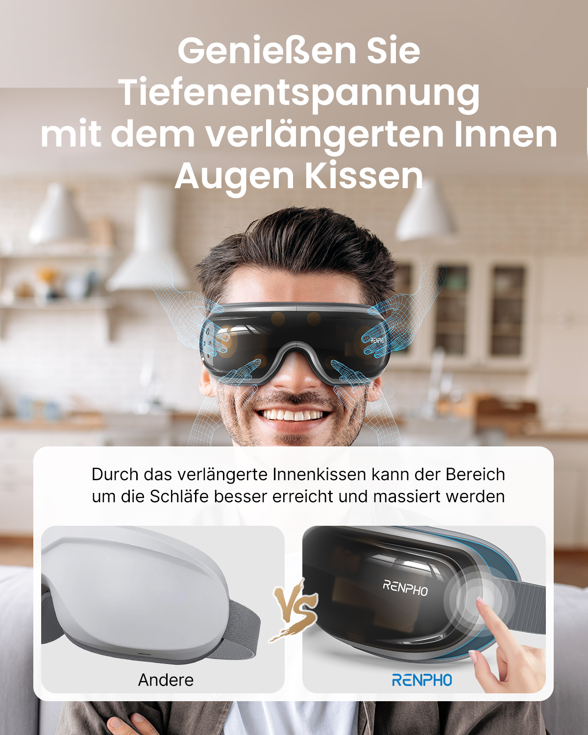 Mann mit Augenmassagegerät, Vergleich mit anderem, zeigt Vorteile, Hintergrund Küche.