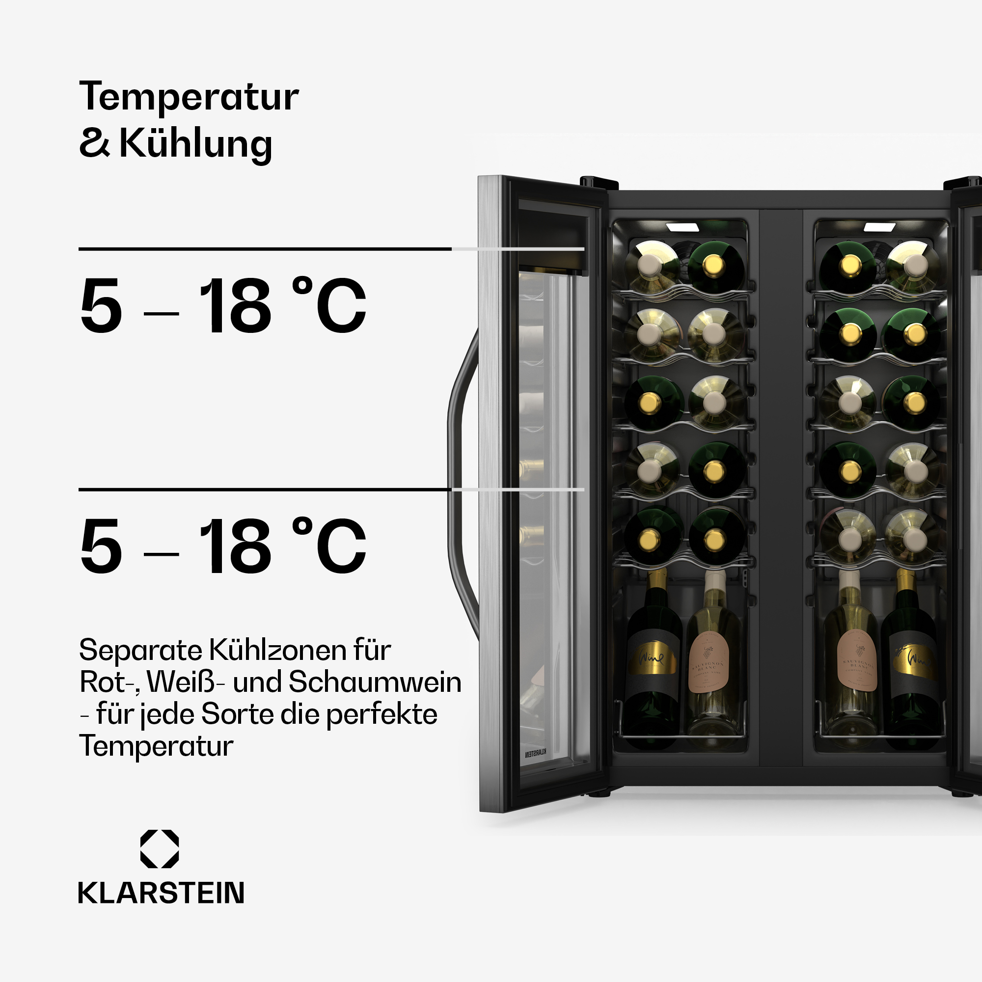 Un refrigeratore per vino mostra bottiglie di vino. Il refrigeratore ha due scomparti con display della temperatura.