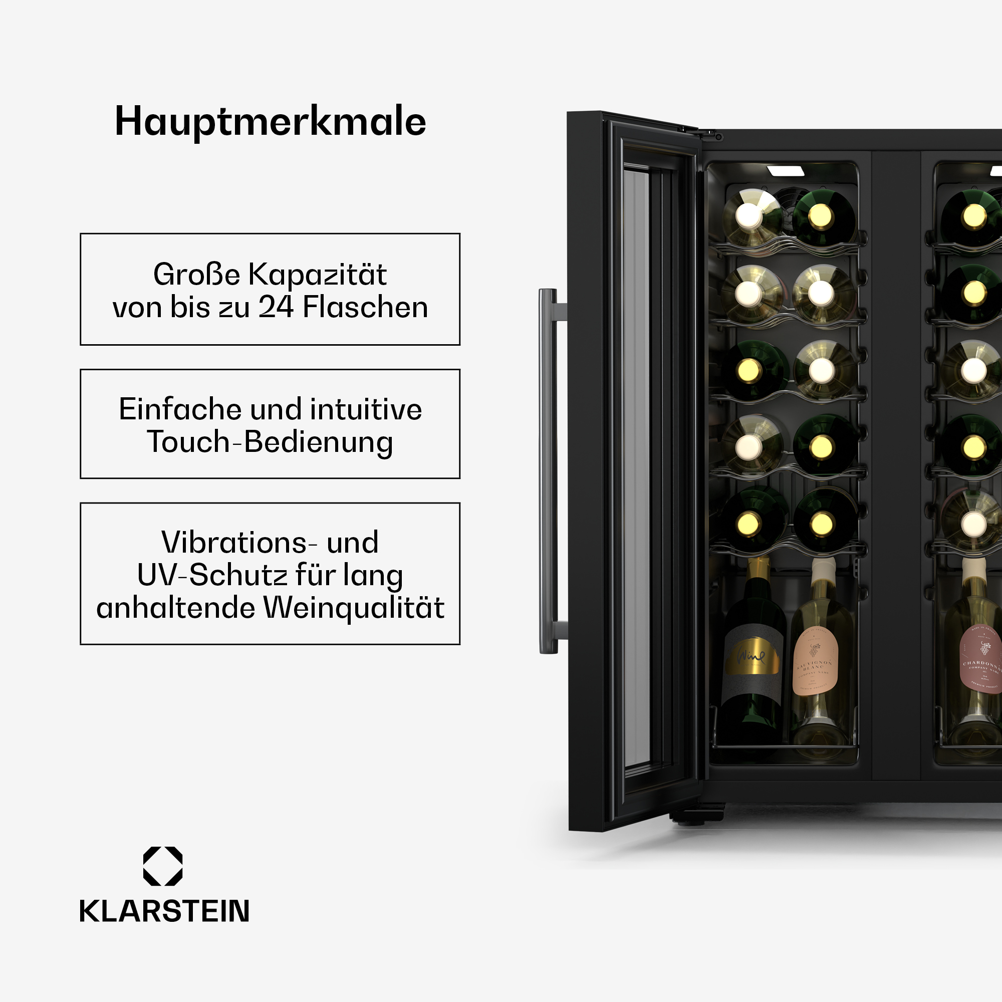 Una cantinetta nera con le porte aperte. Bottiglie di vino visibili all'interno, con testo sul lato.