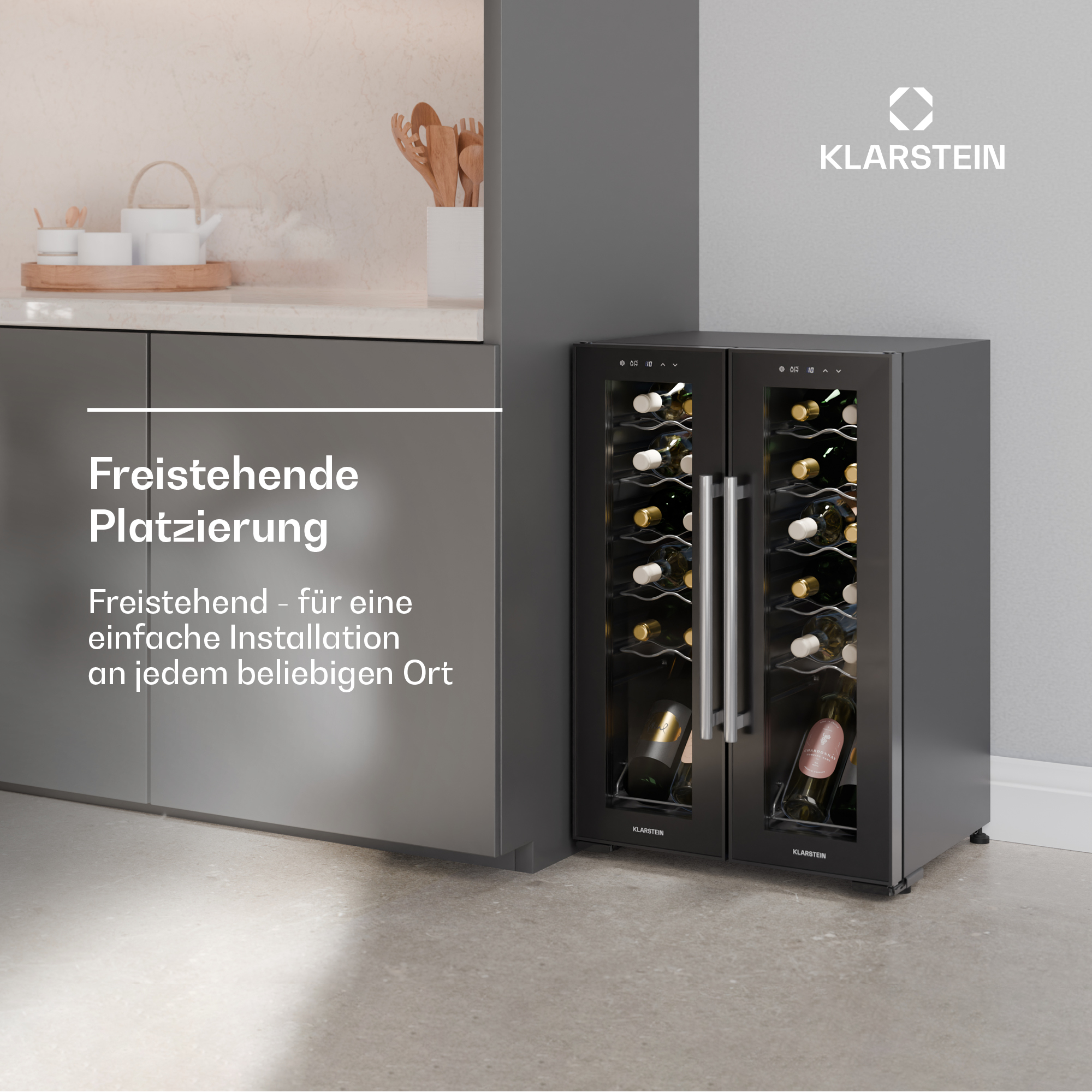 Cantinetta frigo con due porte in vetro. È nera e indipendente. Il logo Klarstein è visibile.