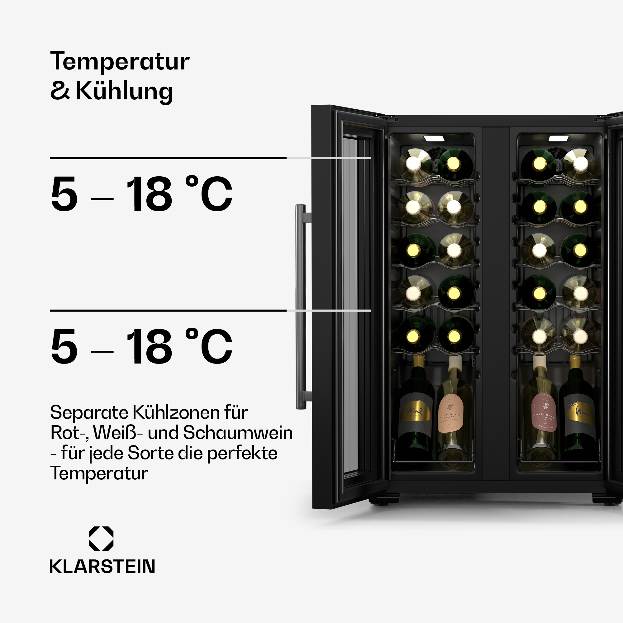 Cantinetta nera con due sezioni. Il display mostra 5-18 gradi Celsius. Bottiglie di vino all'interno.