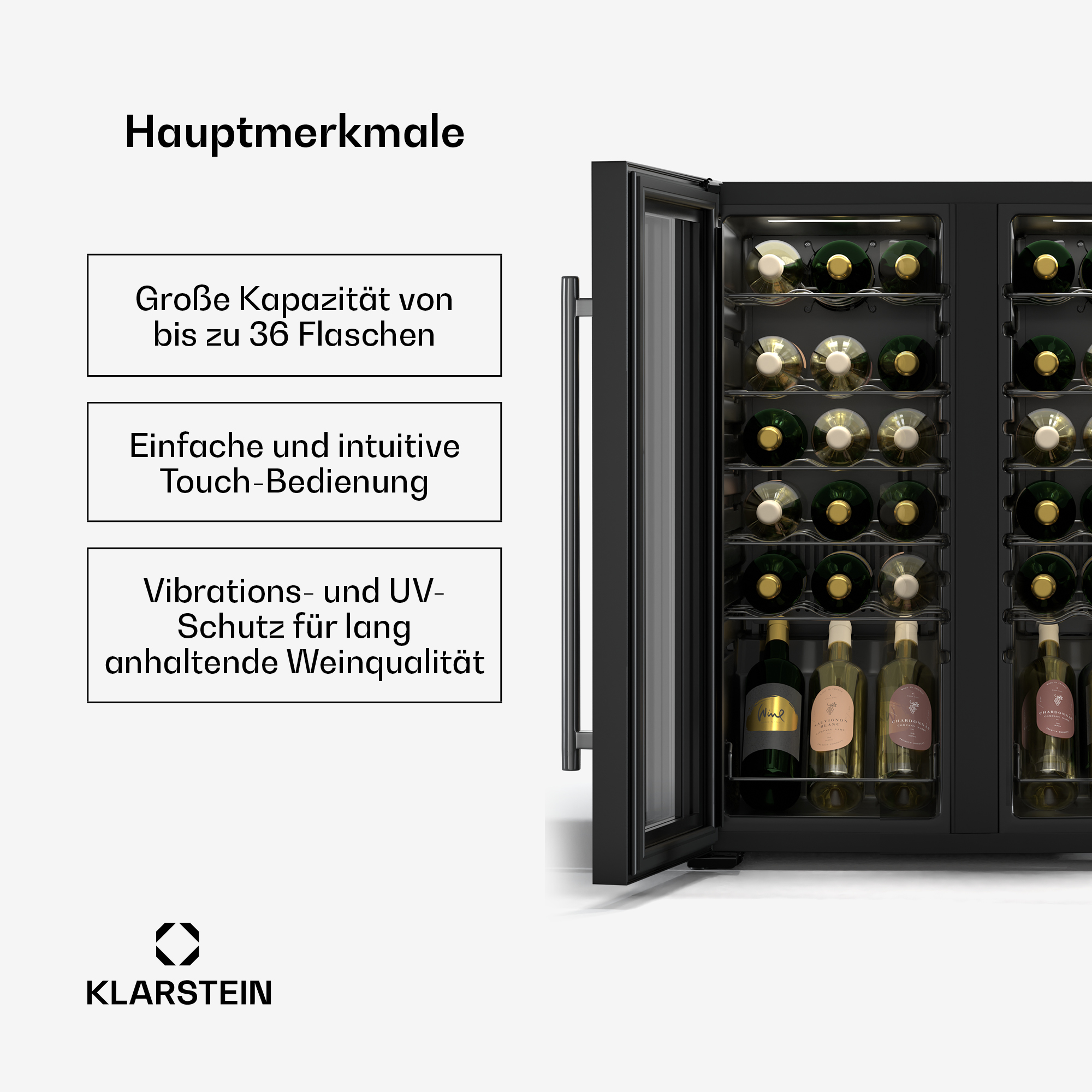 Una cantinetta nera con porta in vetro, che mostra bottiglie di vino e caratteristiche.