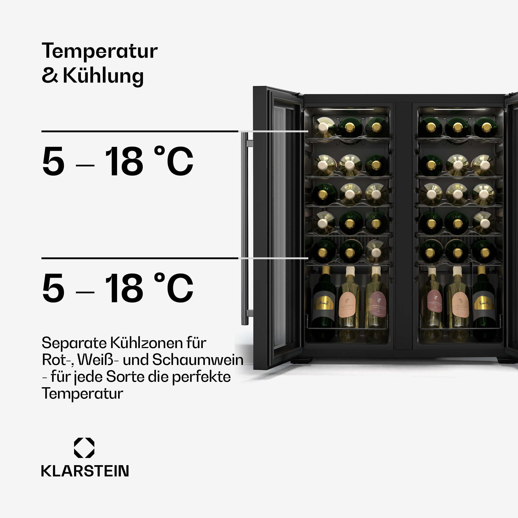 Frigorifero per vini con due scomparti. Intervallo di temperatura, 5-18 gradi Celsius.