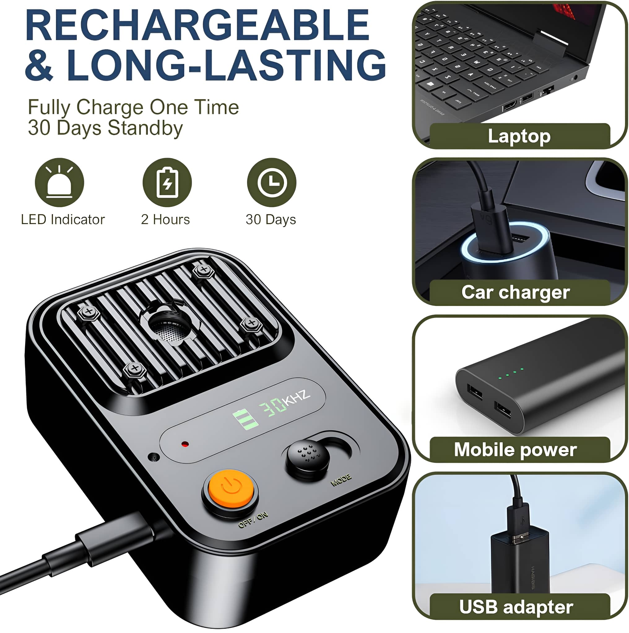 Schwarzes Gerät mit orangefarbener Taste und Ladezubehör: Ladegerät, Powerbank.