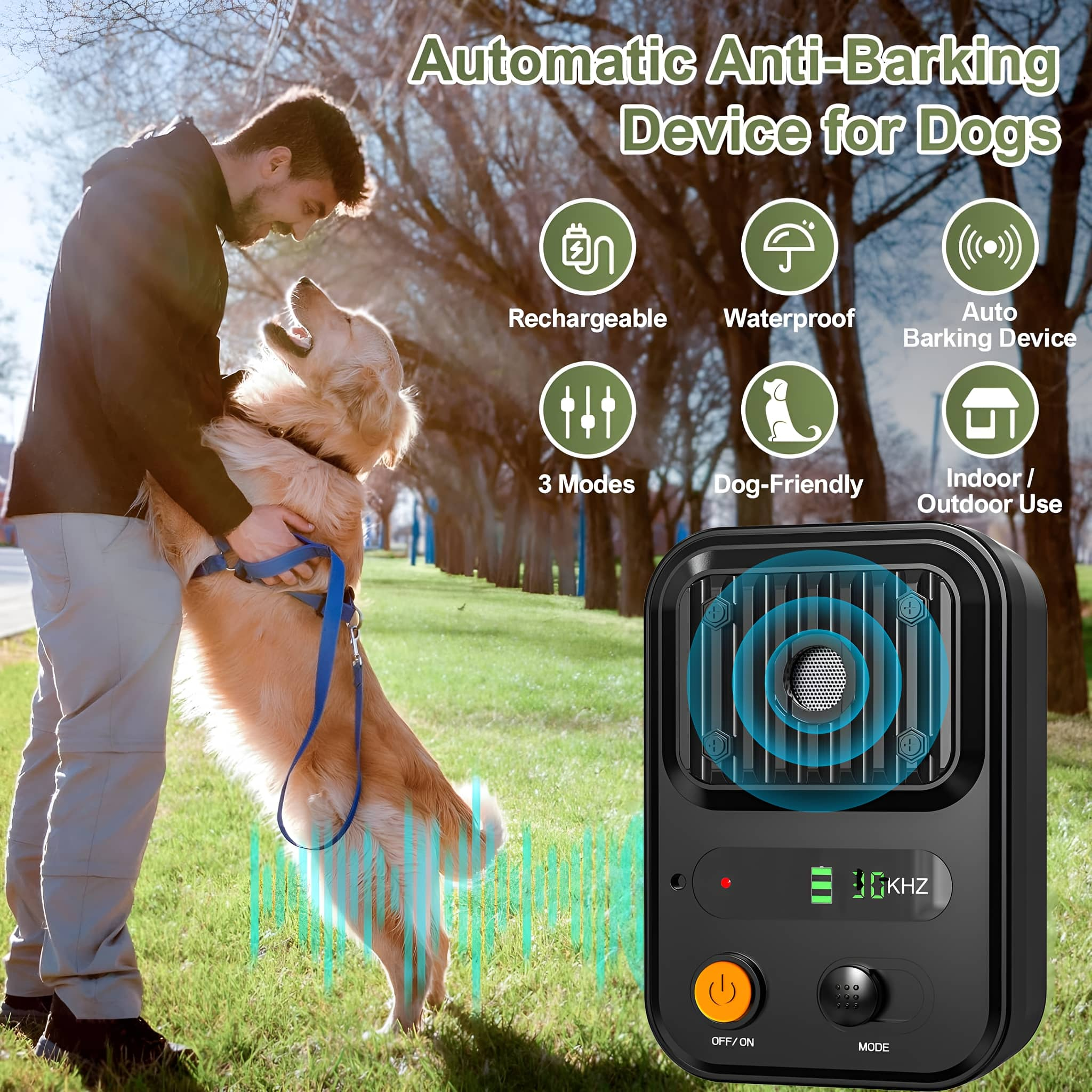 Mann mit Hund. Anti-Bell-Gerät für Hunde, mit Symbolen und Text, auf Gras.