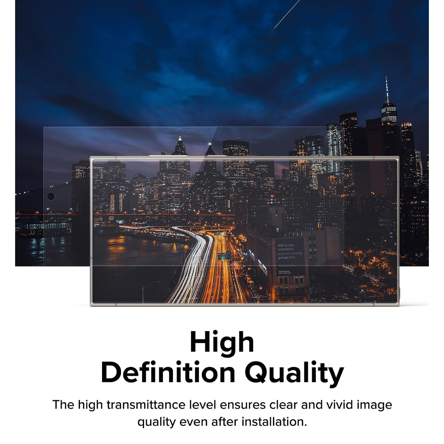 Pellicola protettiva sullo skyline notturno, con testo: 'High Definition Quality'.