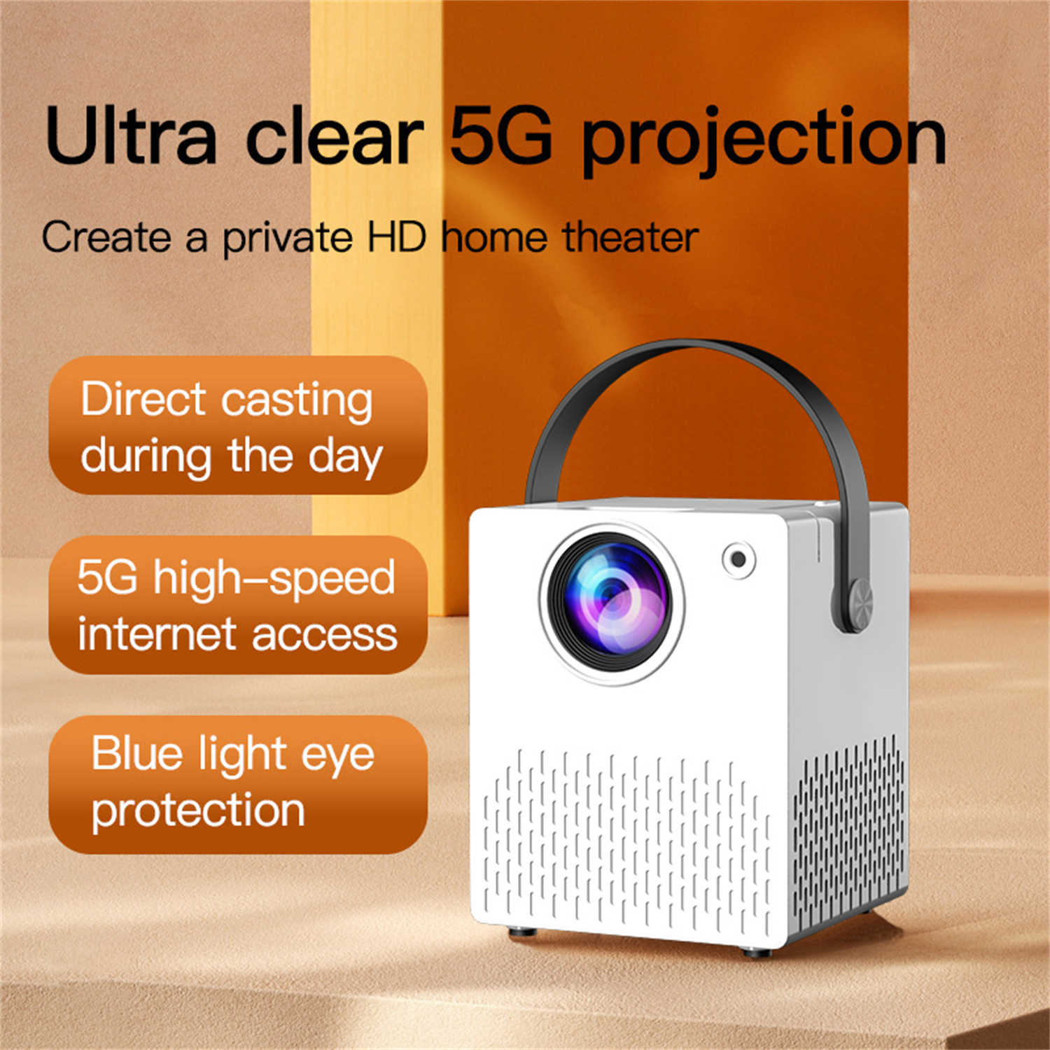 Ein weißer Projektor mit Griff. Text beschreibt Merkmale: HD, 5G-Internet und Blaulicht-Augenschutz.
