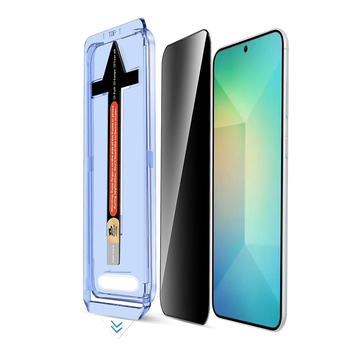 Telefono con protezione schermo e kit di installazione, sfondo bianco.