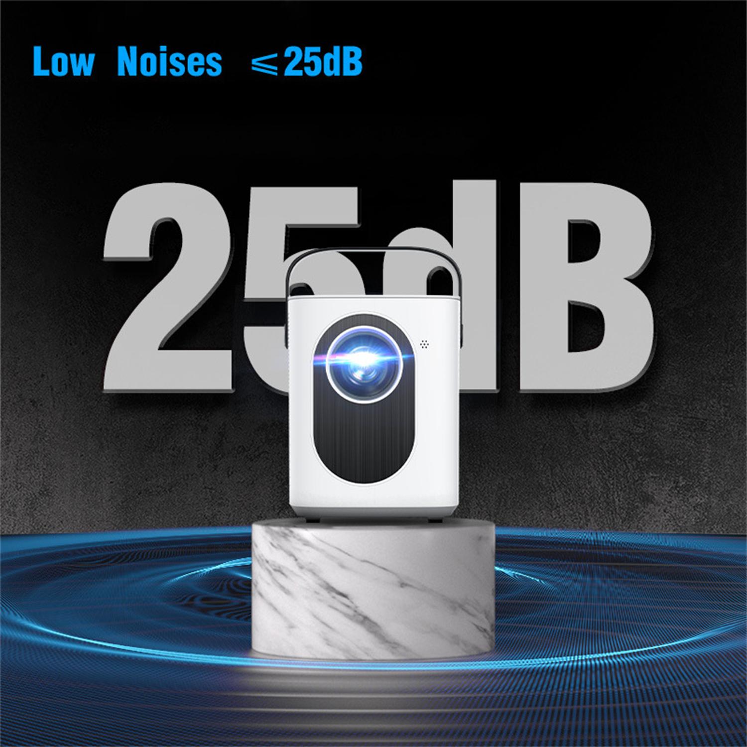 Ein kleines weißes Gerät auf Marmorsockel mit den Worten 'Low Noises' und Dezibelangabe.