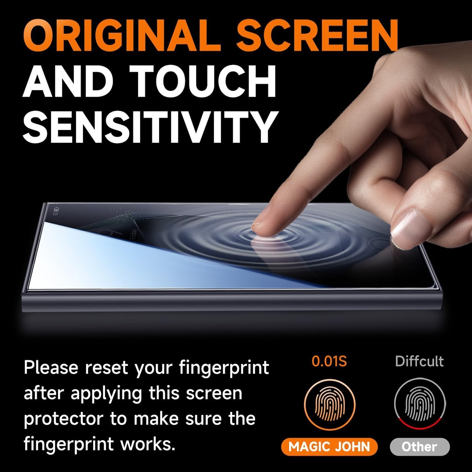 Una mano tocca lo schermo di un telefono con testo sopra. Lo schermo ha un'impronta digitale.