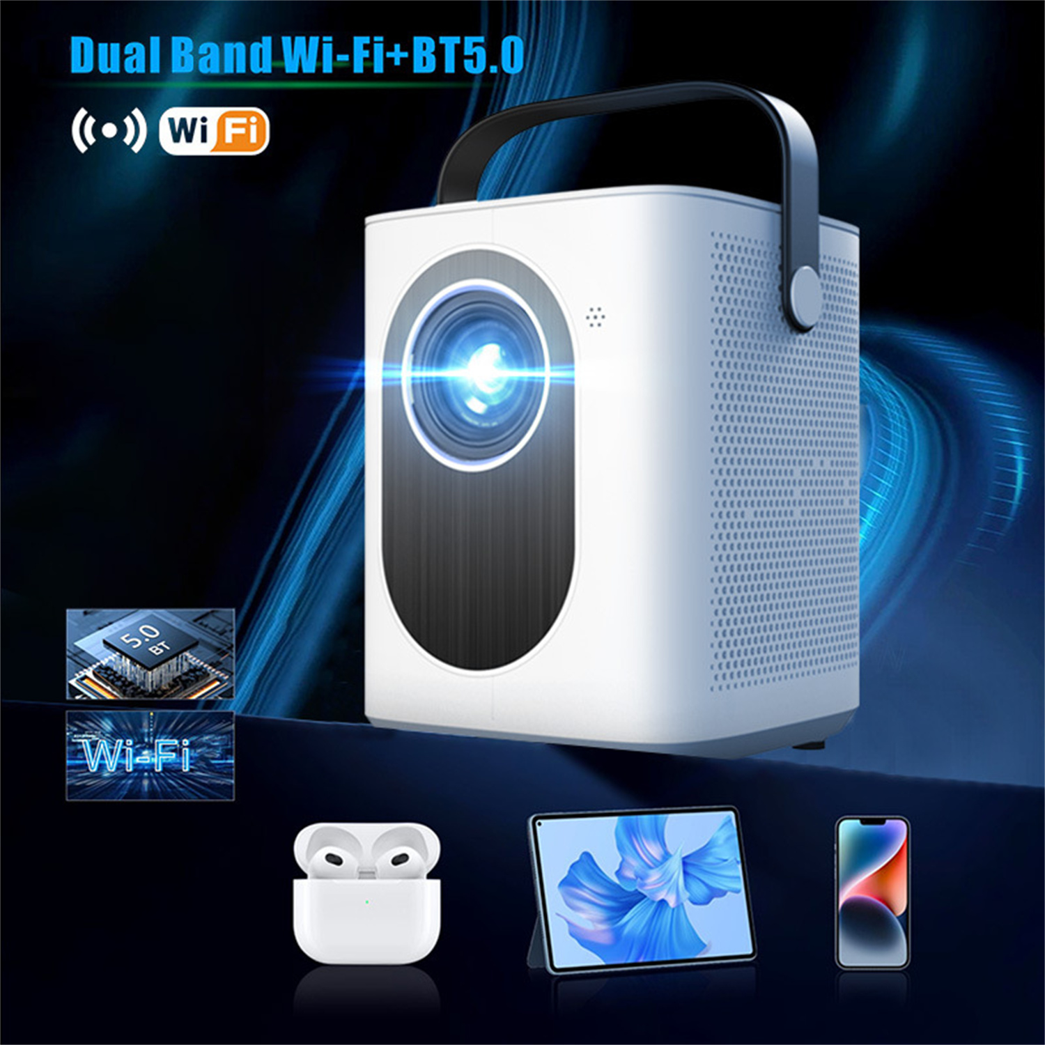 Ein weißer und grauer Projektor mit Griff und Symbolen für Wi-Fi, BT und zwei weitere Geräte.