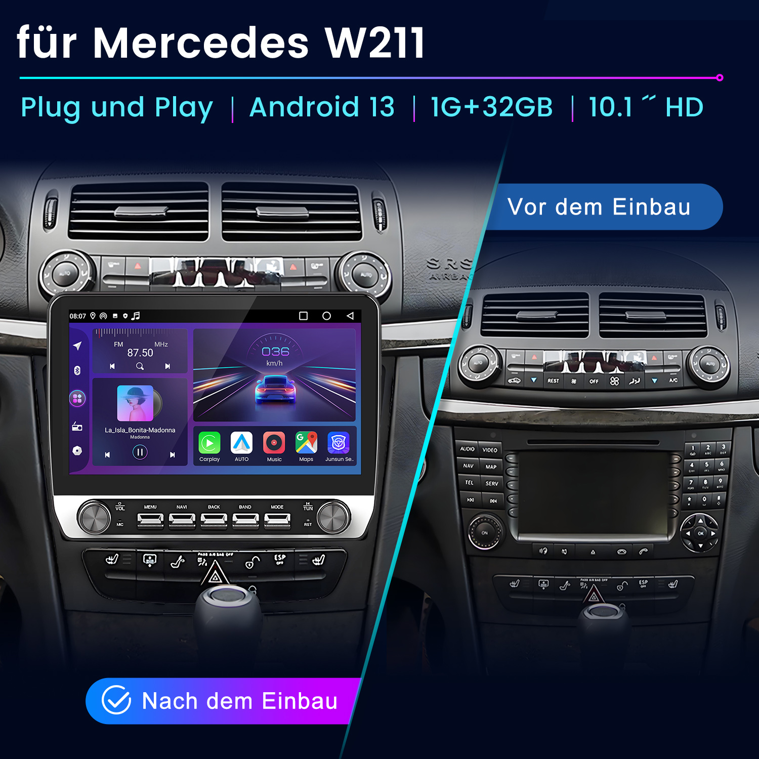 Auto-Dashboard mit Bildschirm, Navigation und Radio. Vor und nach der Installation.