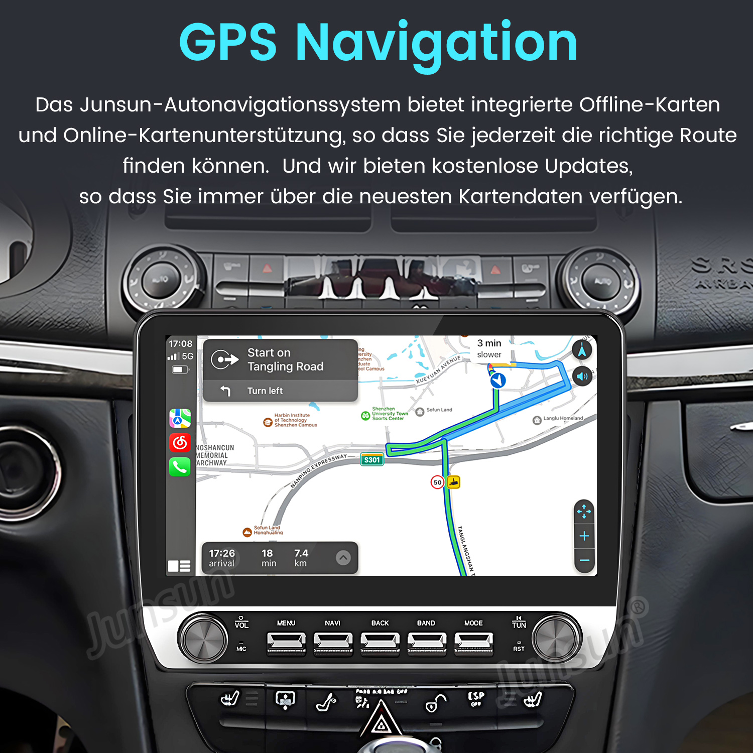 Armaturenbrett des Autos mit GPS-Navigation auf dem Bildschirm. Zeigt eine Karte einer Stadt mit Routenführung.