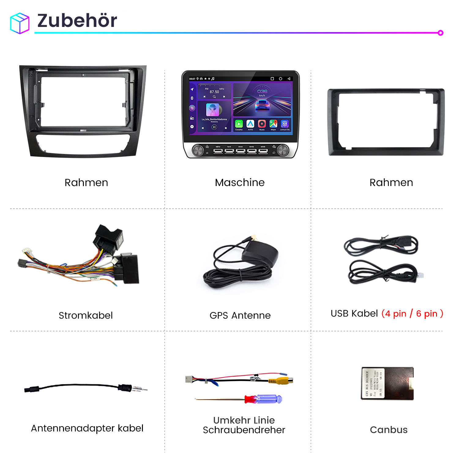 Auto-Multimedia-System und Zubehör. Enthält Rahmen, Bildschirm, Kabel und Schraubendreher.