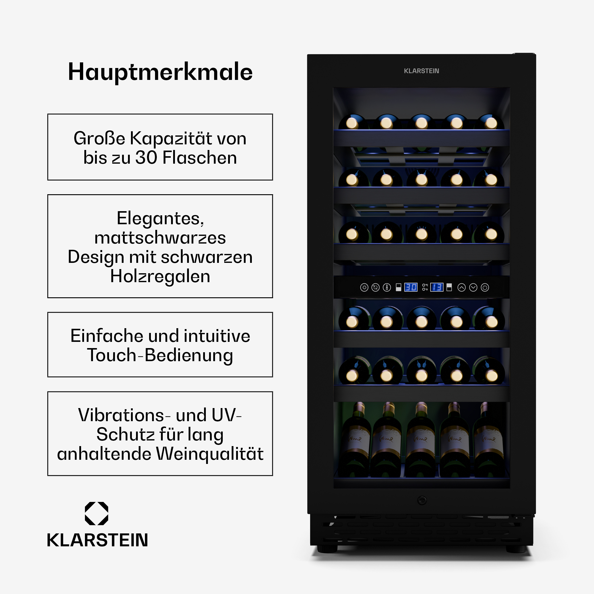 Un refrigeratore per vino nero con bottiglie di vino all'interno. Caselle di testo elencano le caratteristiche. Logo Klarstein in basso.