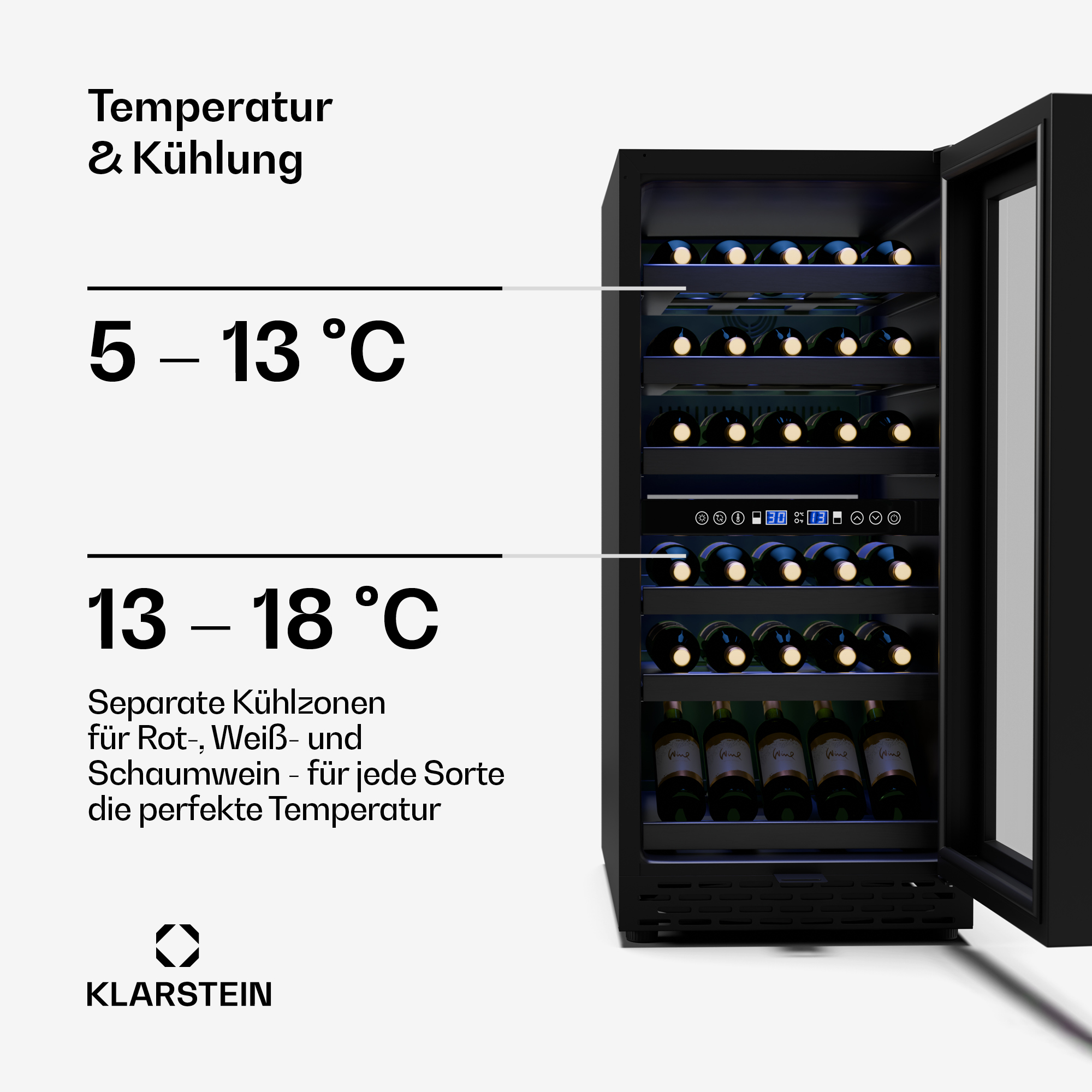 Cantinetta con bottiglie, display della temperatura e testo sulle zone.