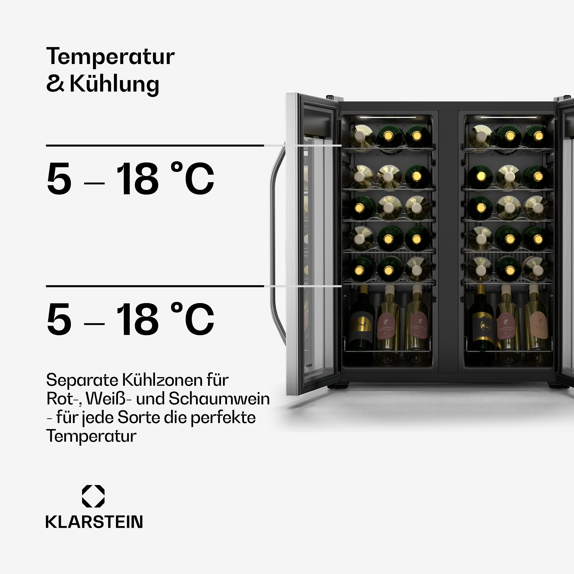 Un refrigeratore per vino con due sezioni. Le etichette mostrano gli intervalli di temperatura e il nome del marchio.
