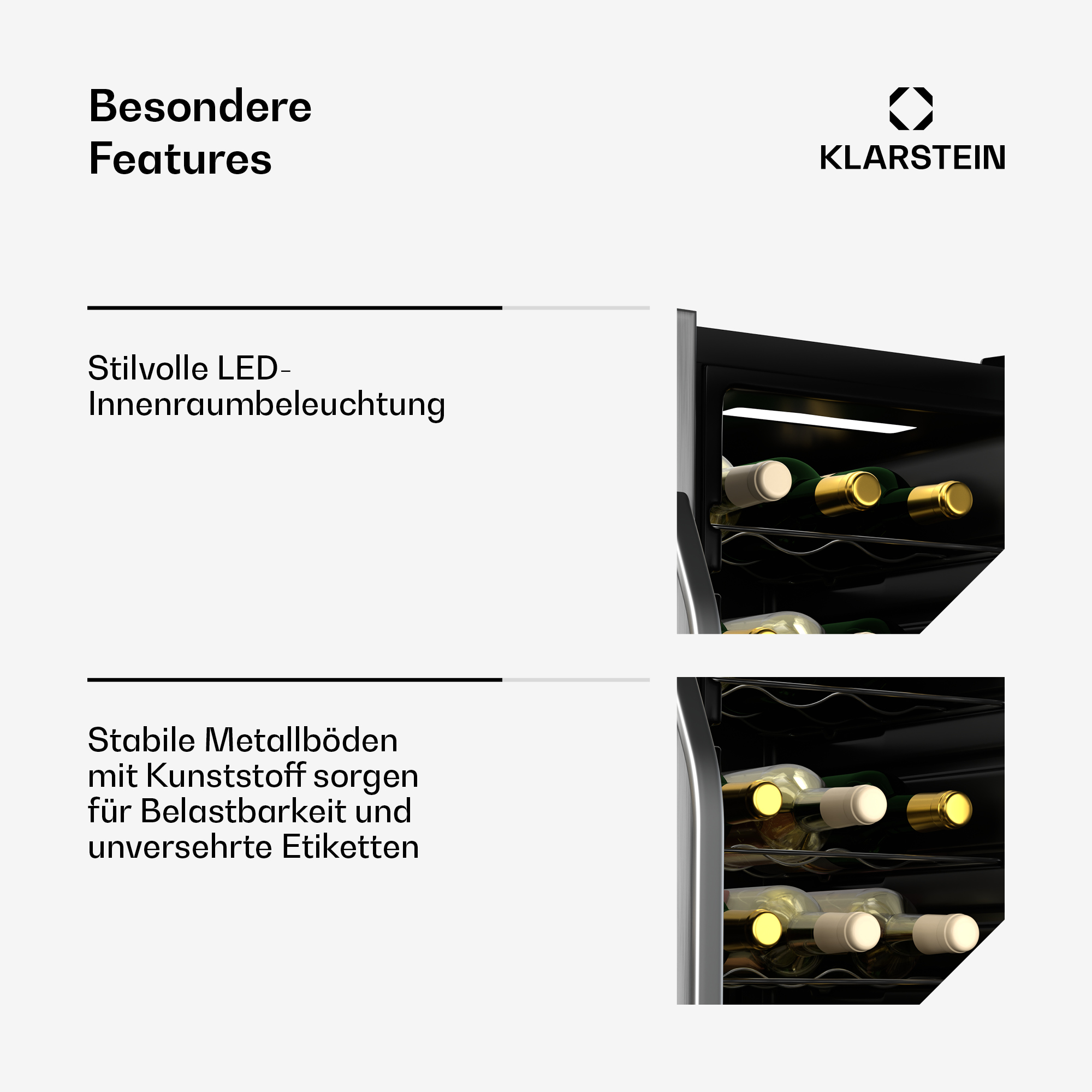 Cantinetta con bottiglie di vino, dettagli dell'illuminazione a LED e ripiani metallici.