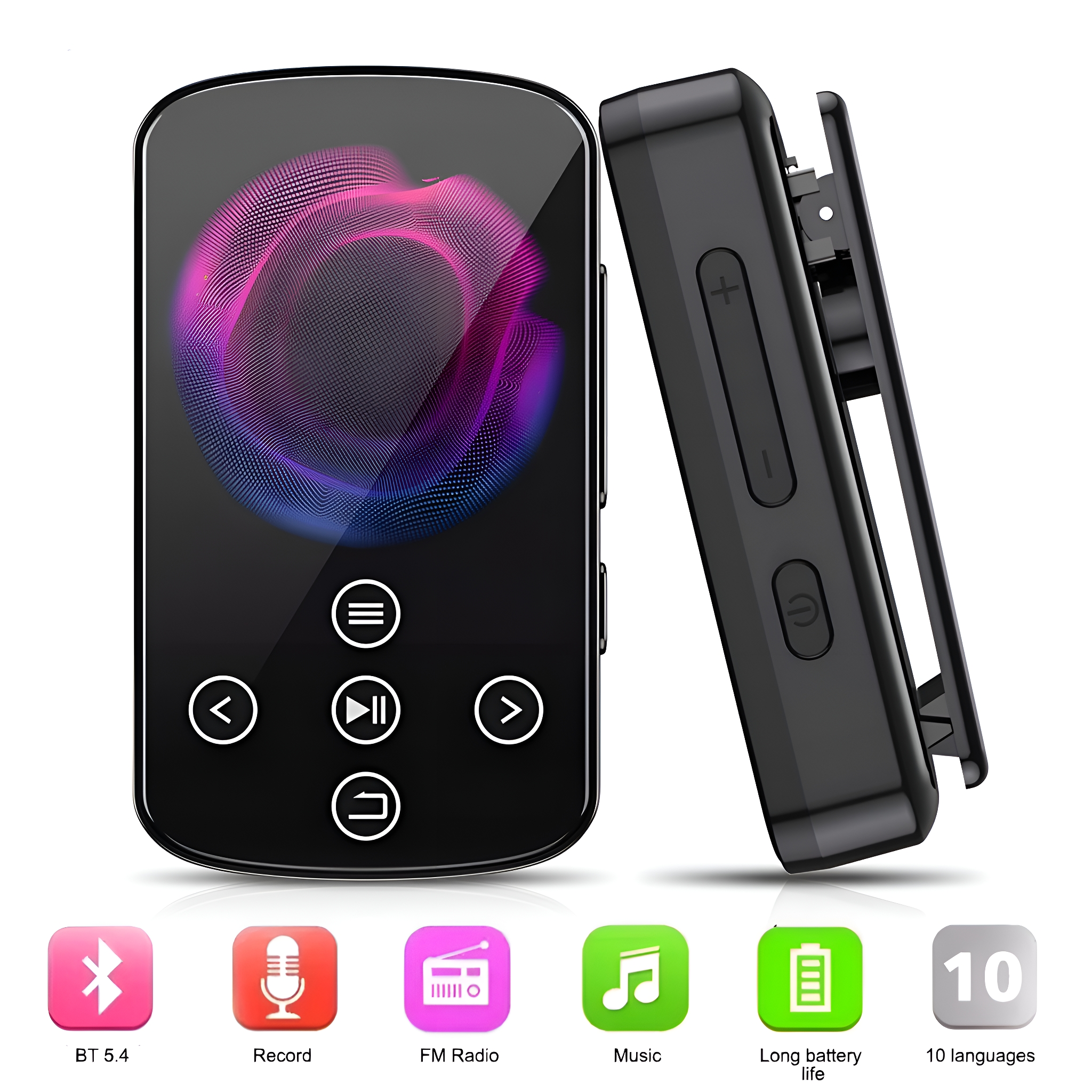 Schwarzer MP3-Player mit Bildschirm und Knöpfen, neben einer Clip-On-Seite.