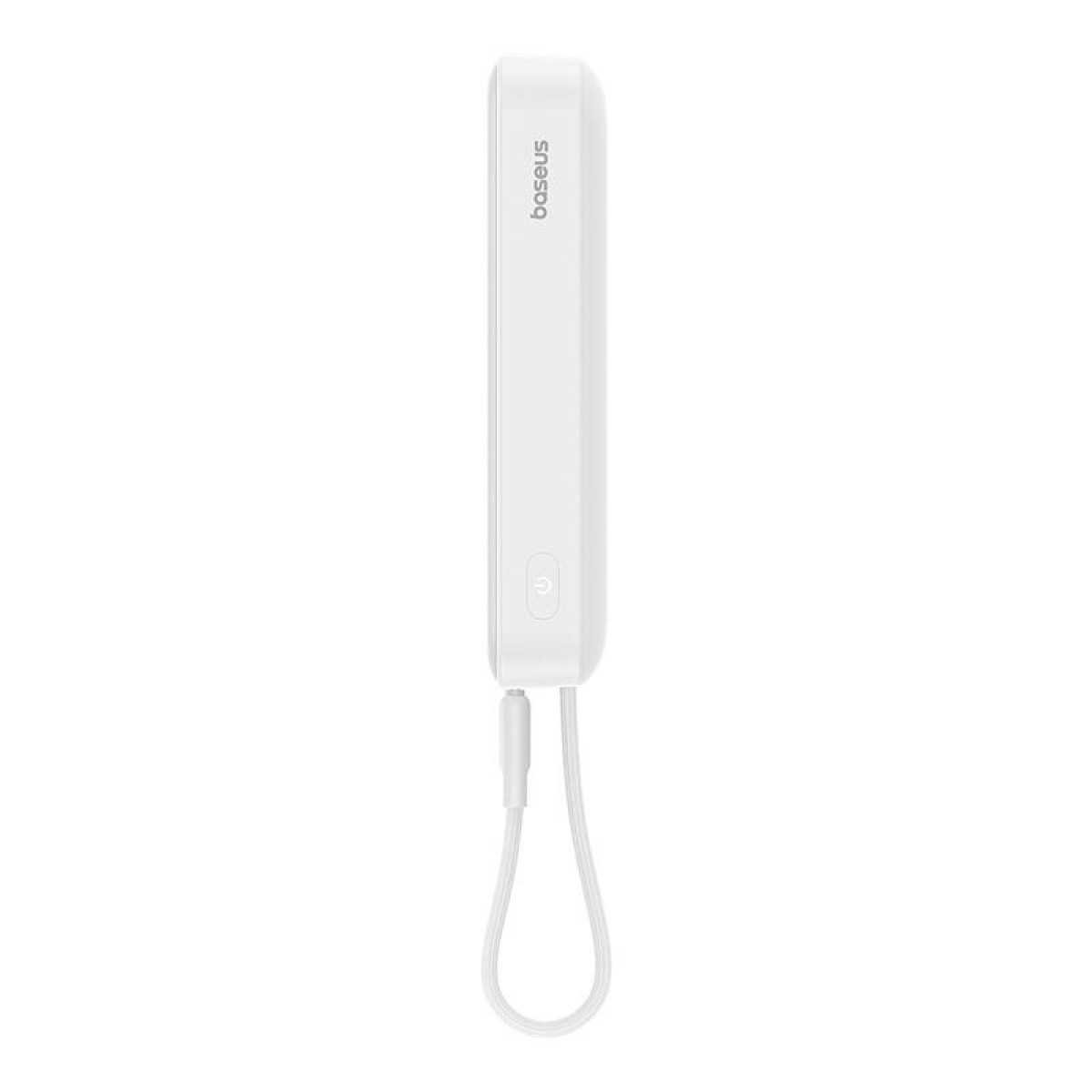 Weißes, rechteckiges Gerät mit Ladekabel. Die Marke 'baseus' ist darauf sichtbar.