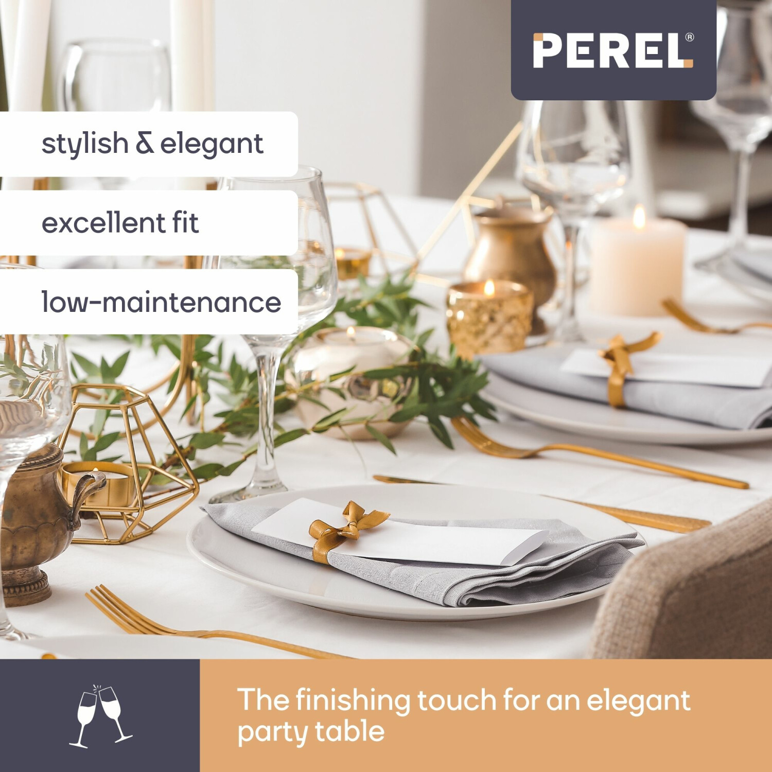 Elegante Party-Tischdekoration mit Textfeldern, die Stil, Passform und Pflege beschreiben.