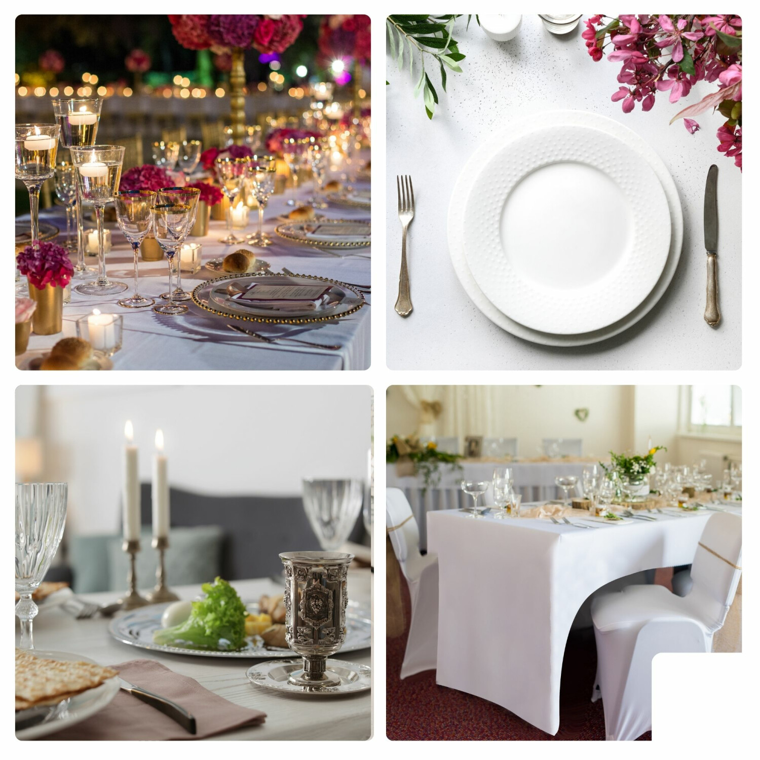 Vier Bilder: Tischdeko mit Kerzen, Tellern, Besteck und Blumen.