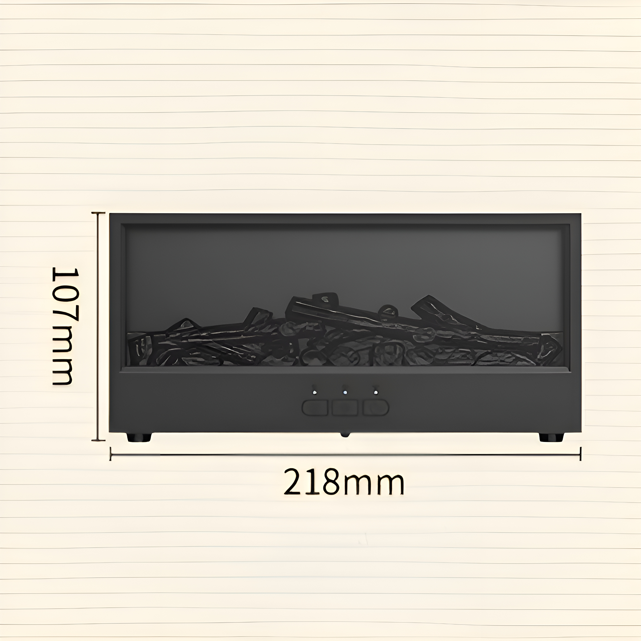 Schwarzer elektrischer Kamin mit den Maßen 107 mm x 218 mm, vor Holzgrund.