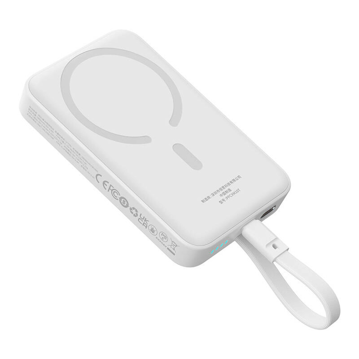 Weißes kabelloses Ladegerät mit kreisförmigem Design oben. Es hat einen USB-C-Anschluss und einen Gurt.