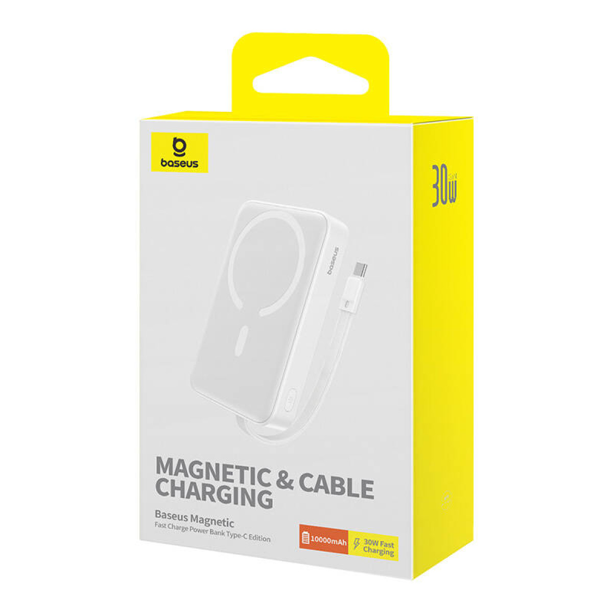 Baseus magnetische Powerbank in einer gelben Box, mit Ladekabel und 30W-Etikett.