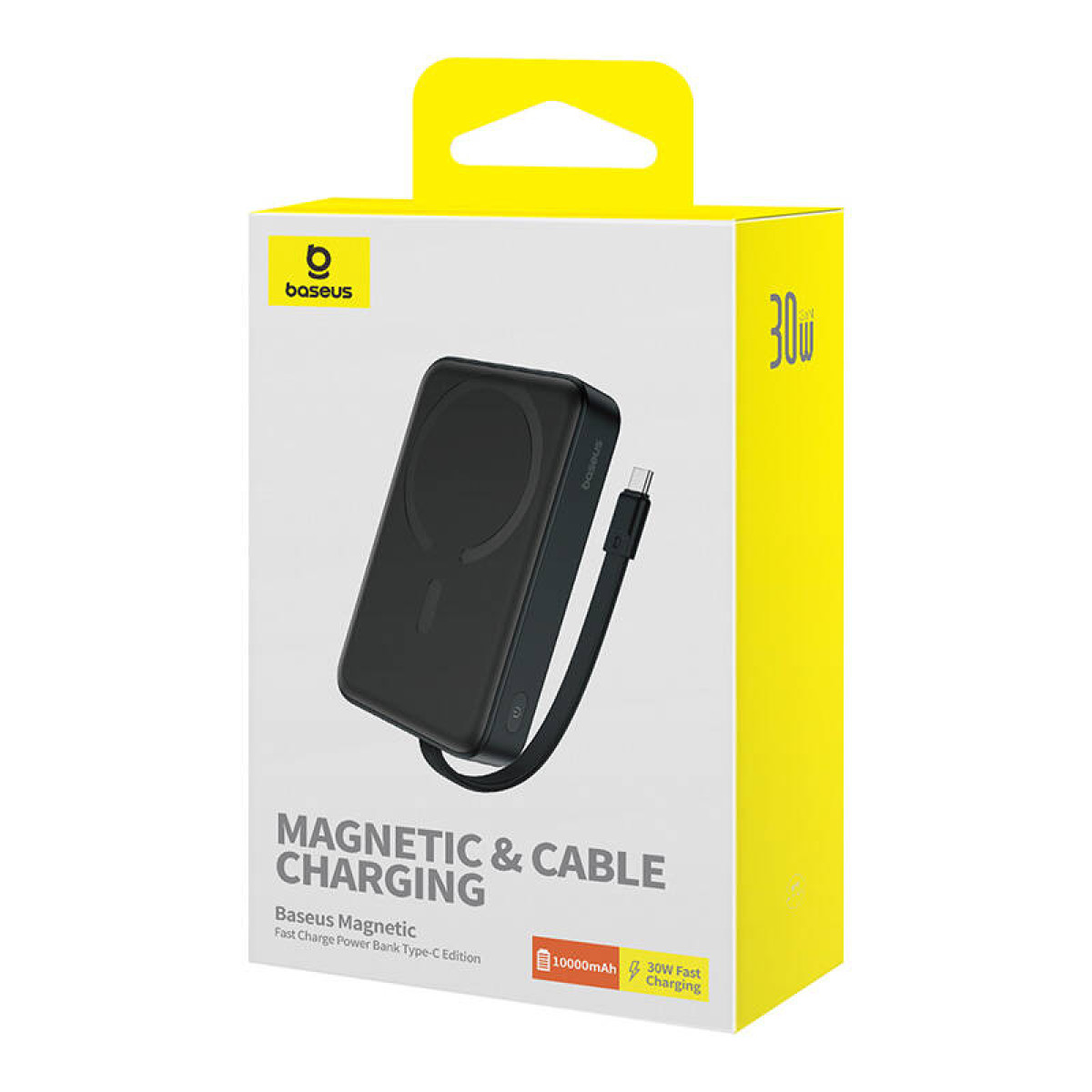 Een Baseus powerbank in een doos, met een zwarte powerbank en een oplaadkabel. Gele en witte doos.