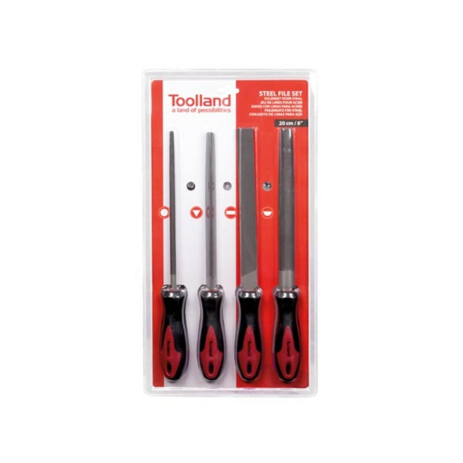Set di lime in acciaio Toolland con quattro lime, lunghe 20 cm/8" ciascuna.
