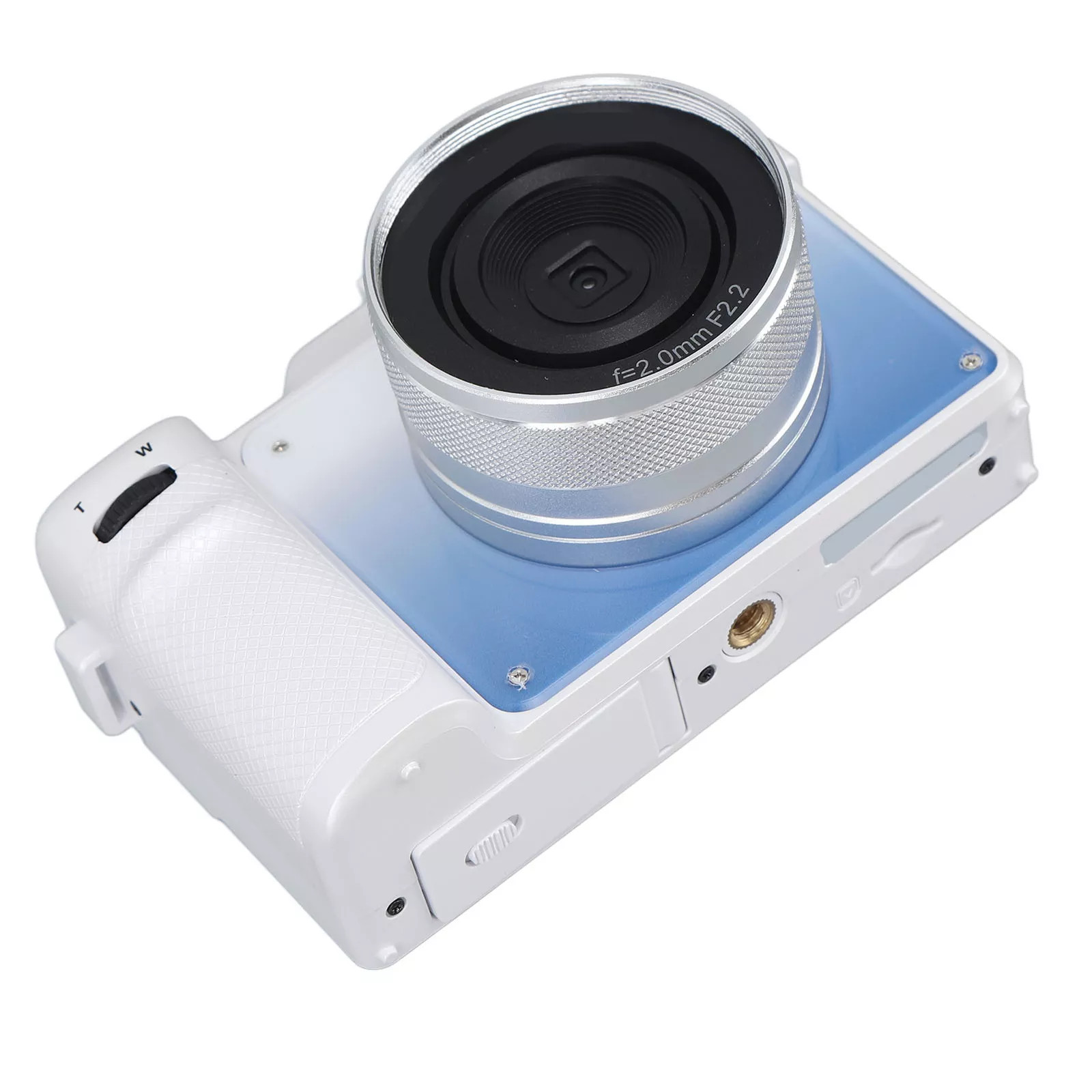 Biało-niebieski aparat cyfrowy ze srebrnym obiektywem. Aparat jest ustawiony pod kątem, pokazując przyciski i szczegóły.