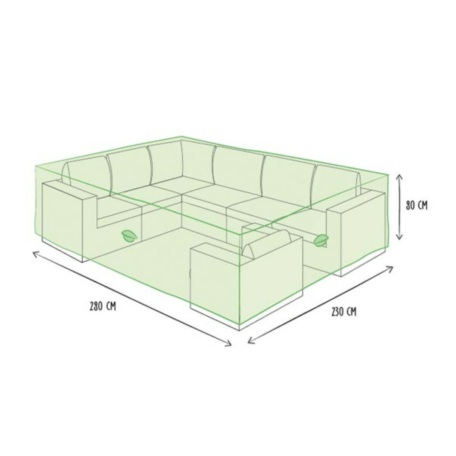Großes Ecksofa für draußen, mit einer grünen Schutzhülle bedeckt. Abmessungen sind beschriftet.