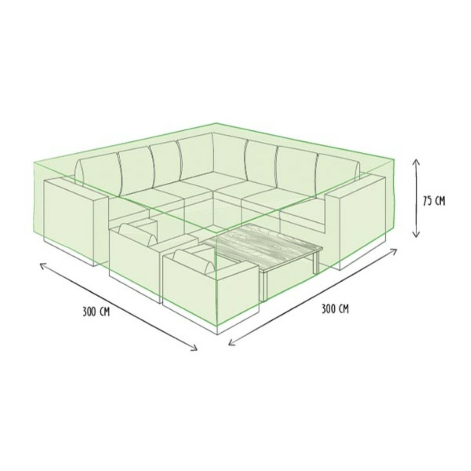 Eine grüne Strichzeichnung eines modularen Outdoor-Sofas. Abmessungen sind beschriftet.
