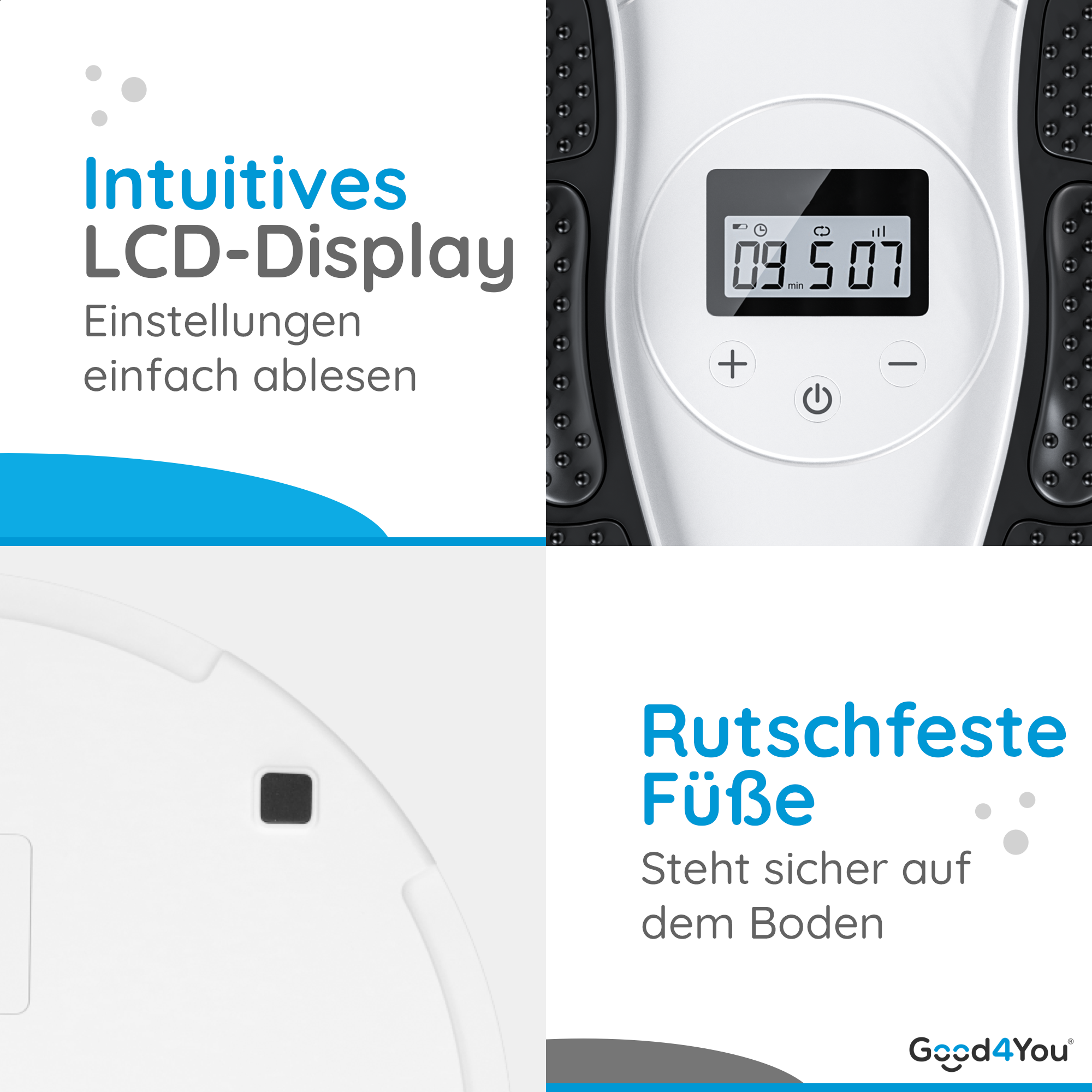 Weißes und schwarzes Gerät mit Text. Gerät mit Bildschirm, der Zahlen anzeigt. Text: Intuitives LCD-Display.