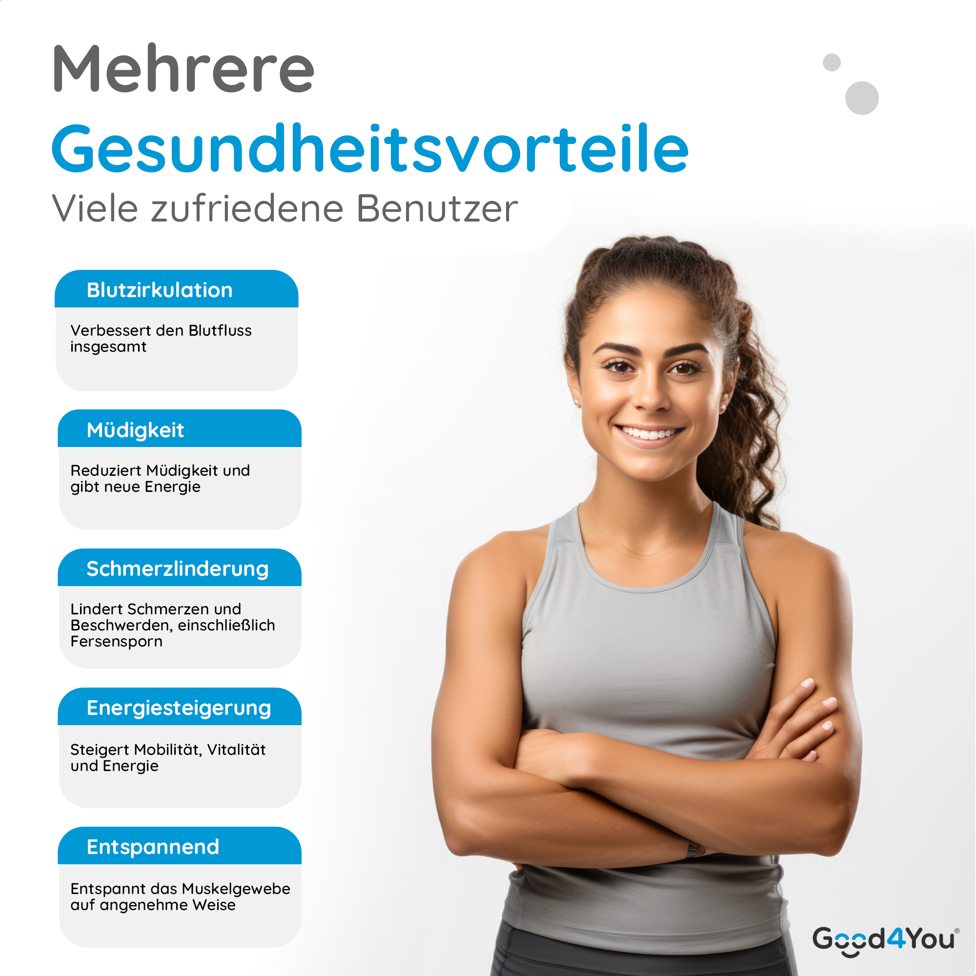 Eine Frau mit verschränkten Armen lächelt vor Gesundheitsvorteil-Beschreibungen auf Deutsch.