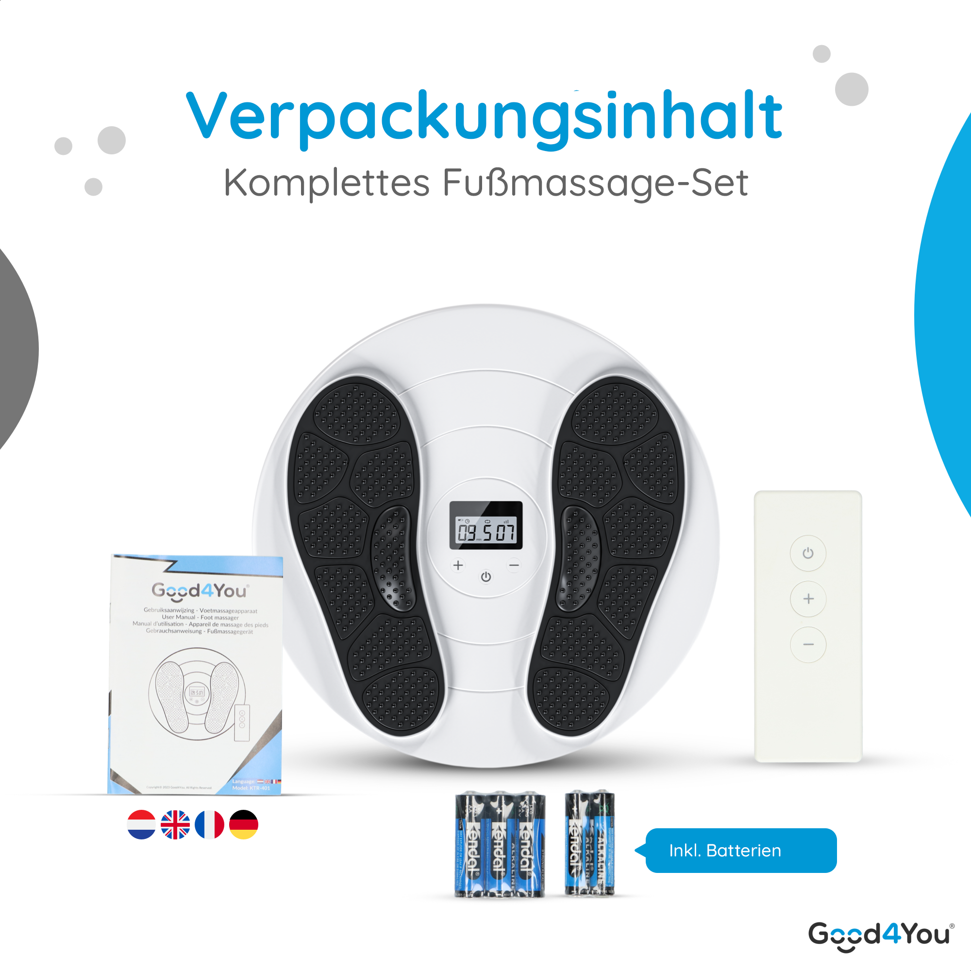 Ein Fußmassageset mit weißem Massagegerät, Fernbedienung, Batterien und Verpackung. Blaues und weißes Thema.