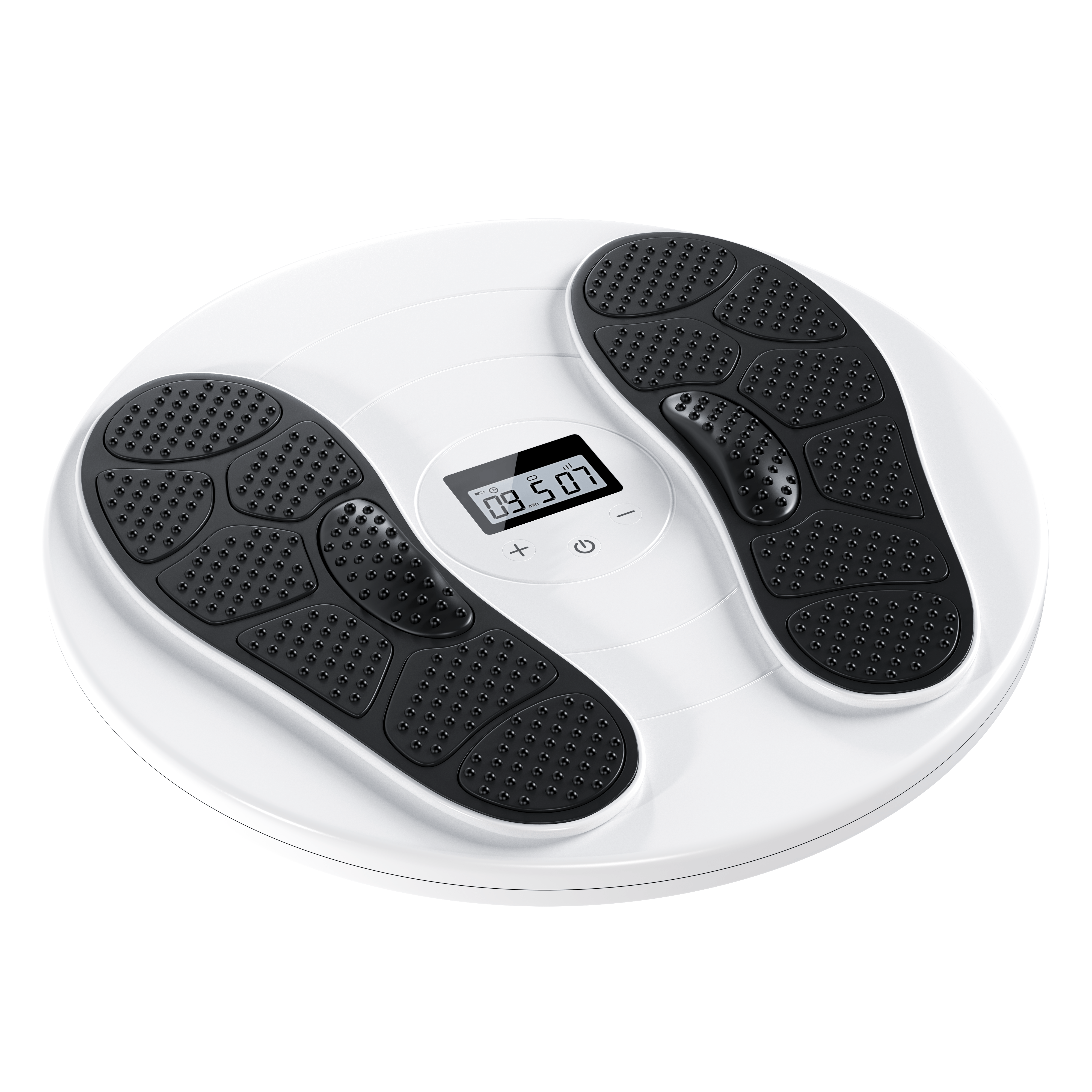 Weißes Fitness-Balance Board mit Digitalanzeige. Zwei schwarze Fußpads oben.