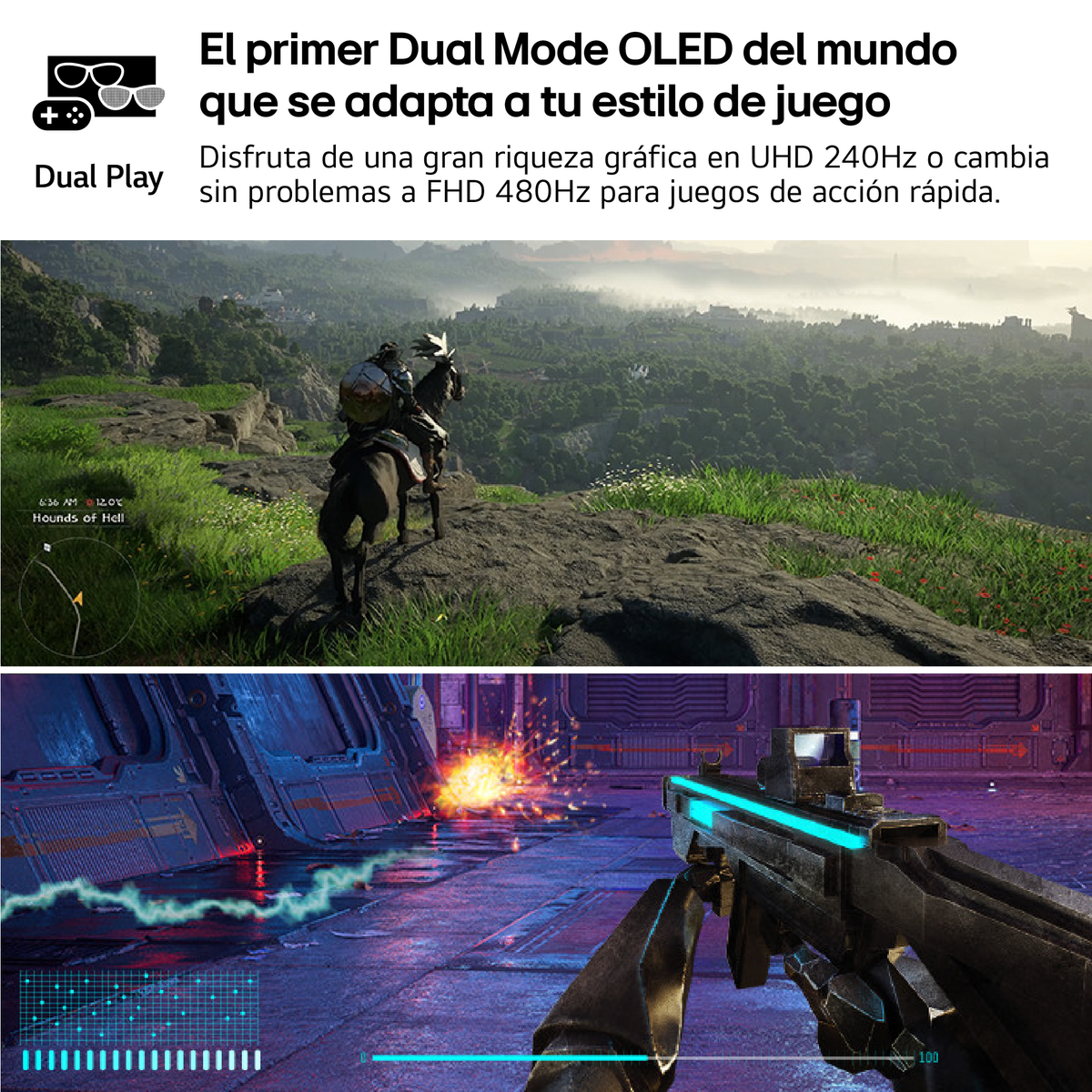 Dwie sceny z gier; średniowieczny jeździec i futurystyczny FPS, z tekstem o trybie dual OLED.