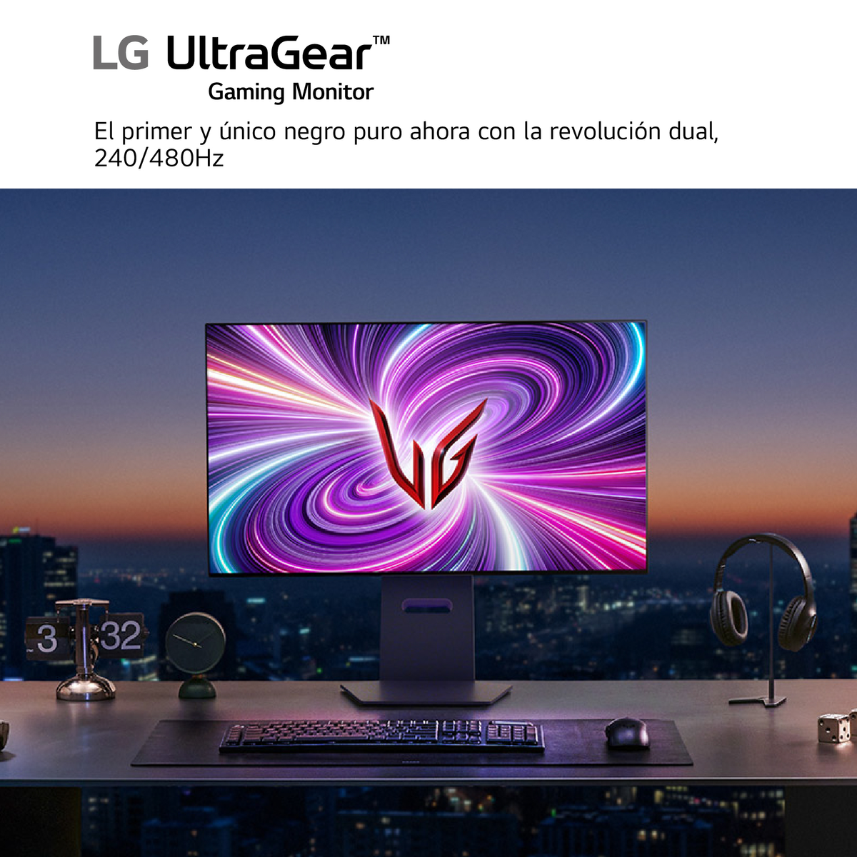 Monitor gamingowy LG UltraGear wyświetlający żywy, kolorowy obraz. Biurko z akcesoriami na pierwszym planie.