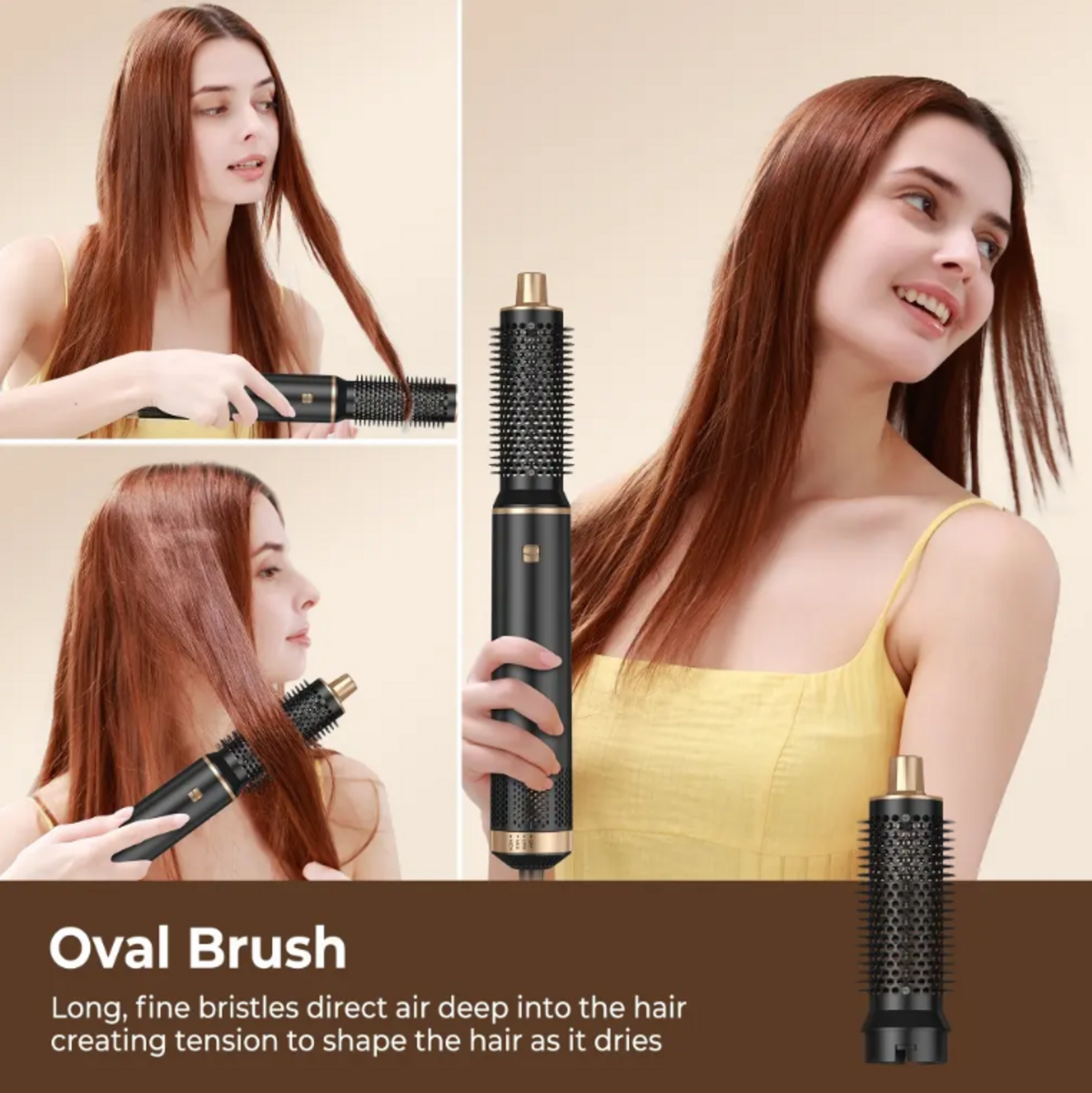 Frau, die eine schwarze ovale Bürste zum Stylen der Haare verwendet, mehrere Ansichten.