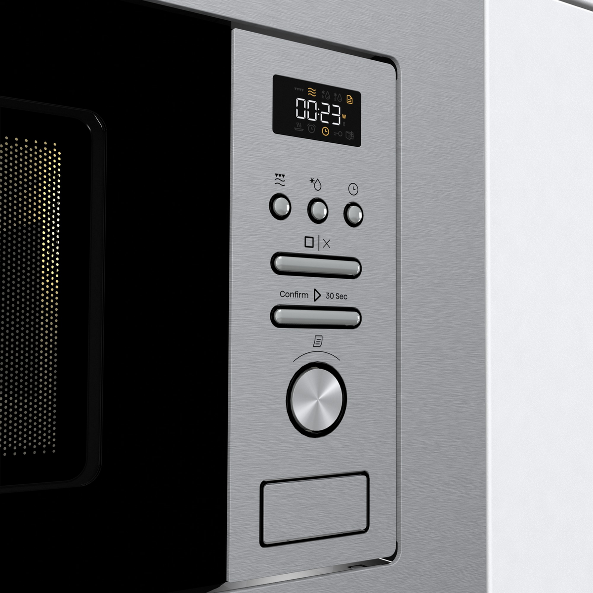 Panel sterowania kuchenki mikrofalowej z wyświetlaczem cyfrowym, przyciskami i metalicznym wykończeniem na srebrnej powierzchni.