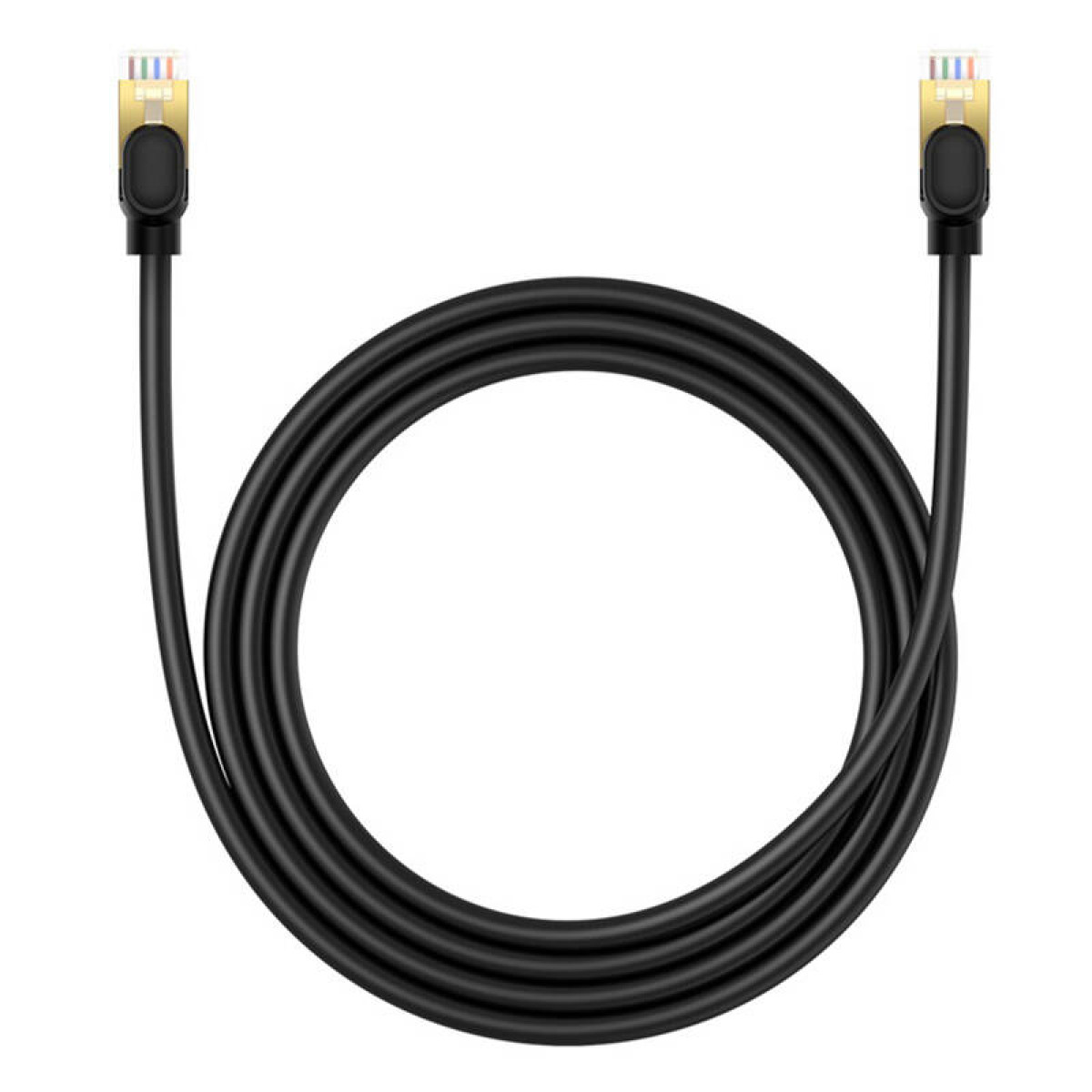 Ein schwarzes Kabel mit goldenen Steckern an jedem Ende, zu einem Kreis gewickelt. Das Kabel liegt auf einer weißen Oberfläche.